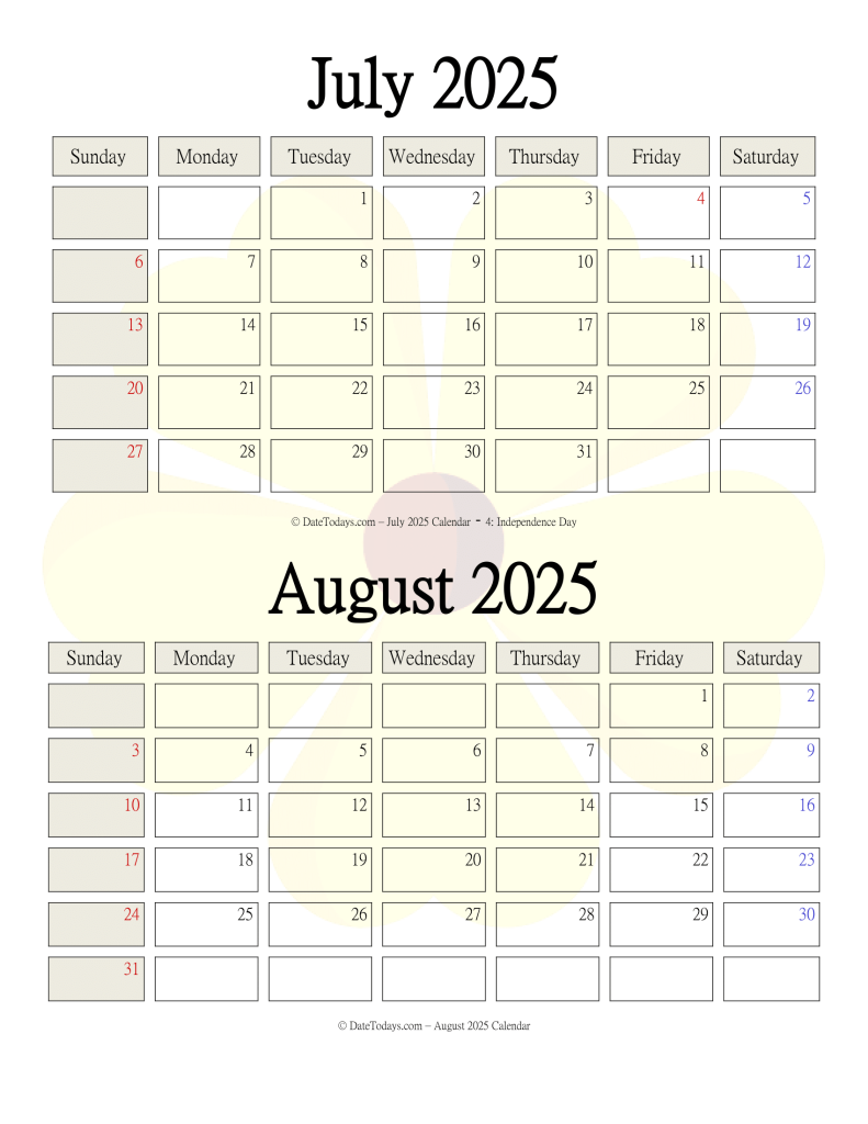 July August 2025 Calendars (2 Months Printable PDF)