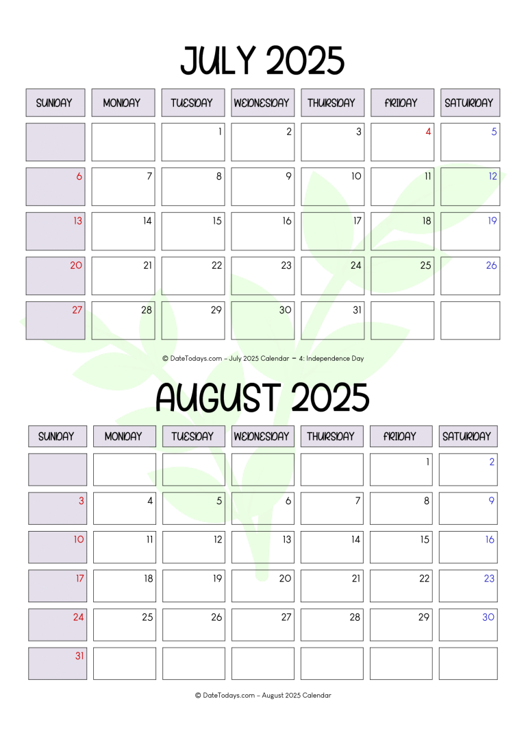 July August 2025 Calendars (2 Months Printable PDF)