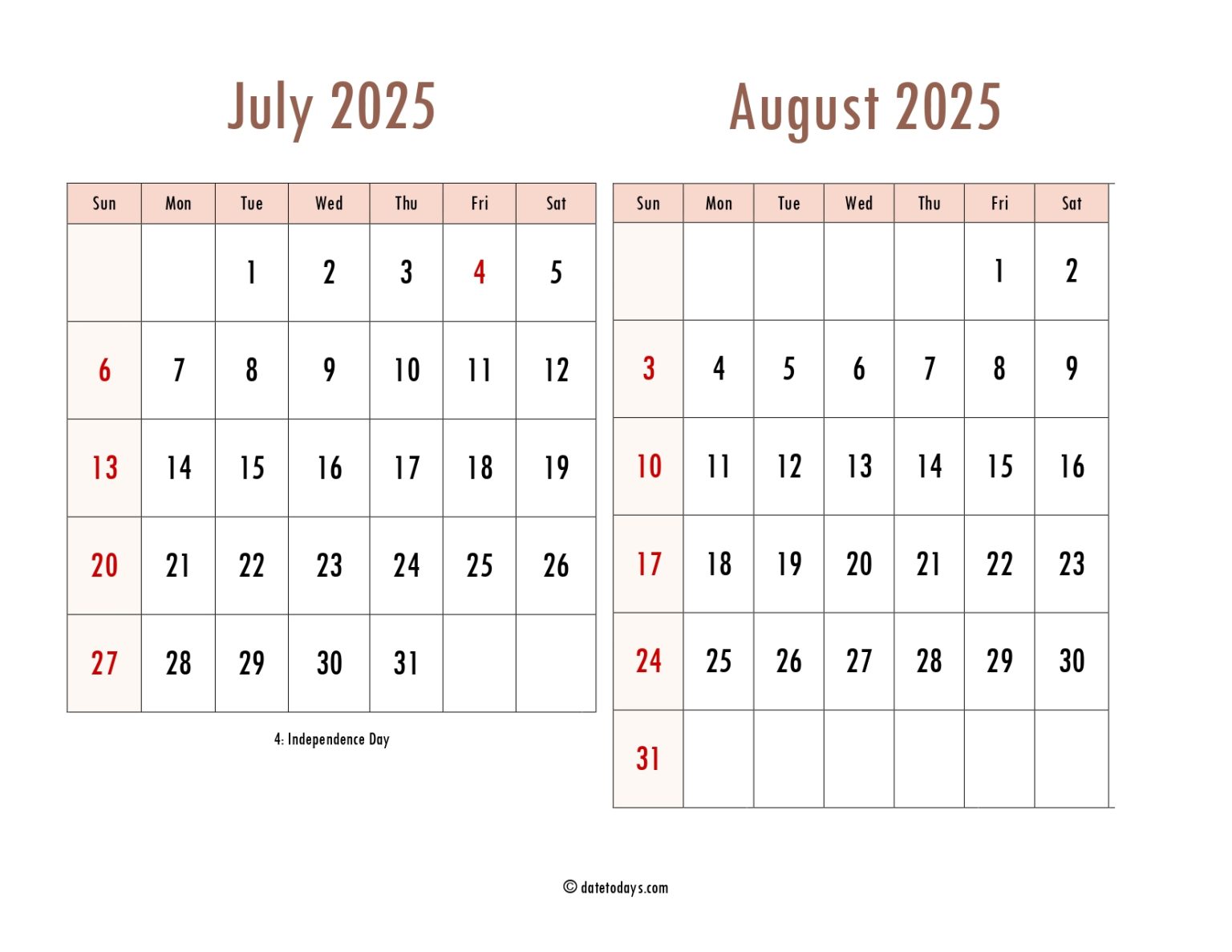 July August 2025 Calendars (2 Months Printable PDF)