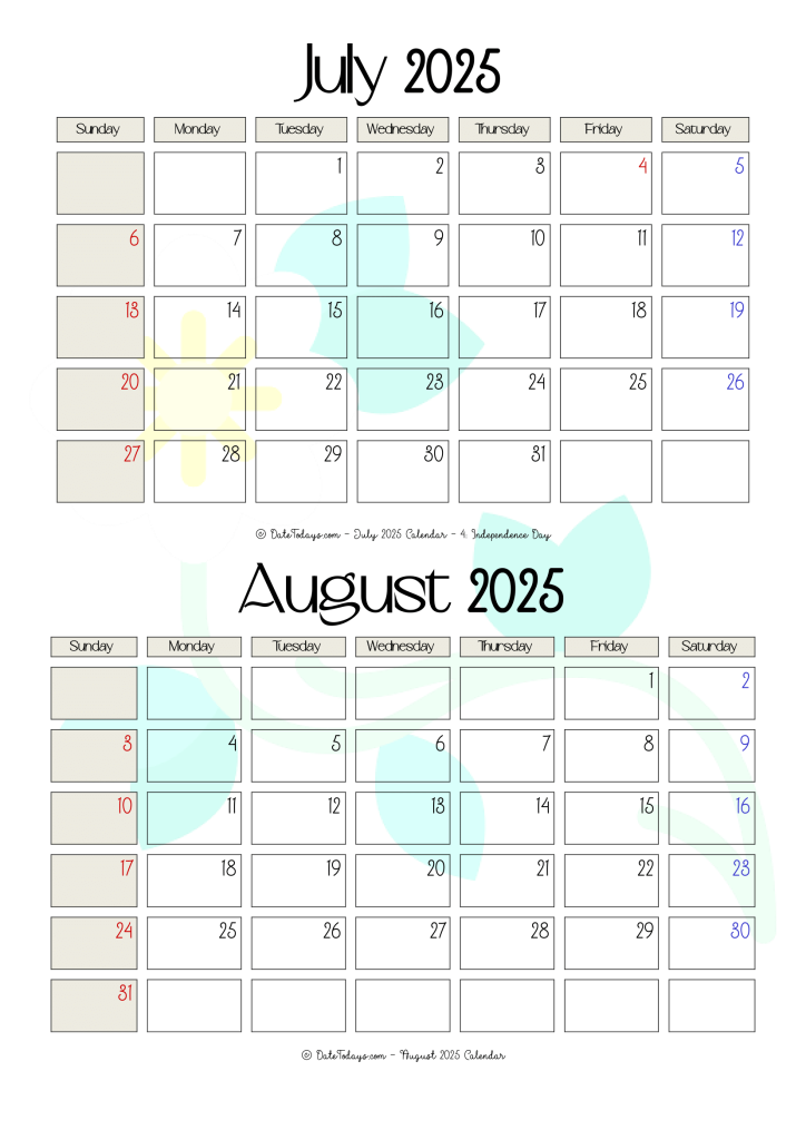 July August 2025 Calendars (2 Months Printable PDF)