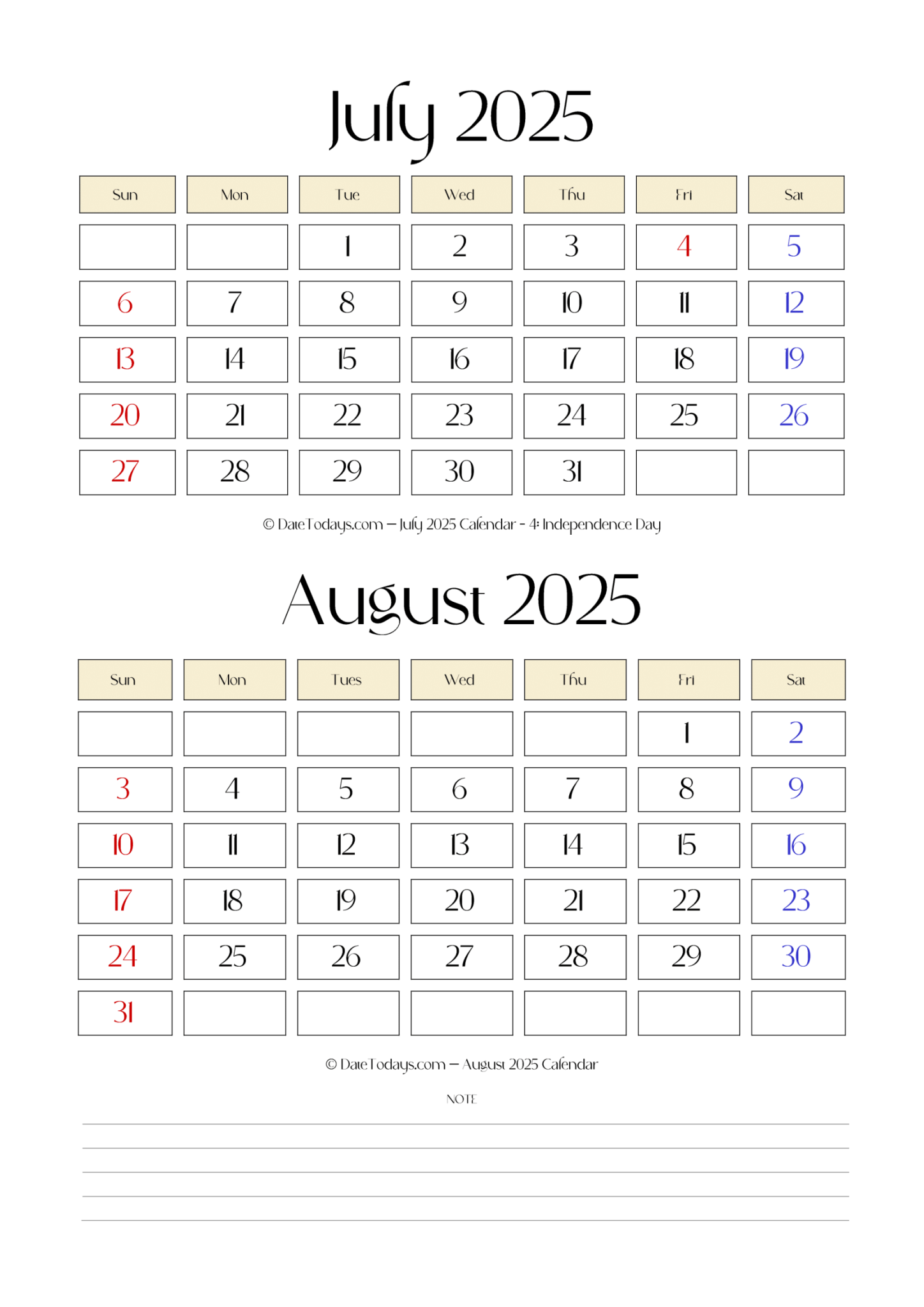July August 2025 Calendars (2 Months Printable PDF)
