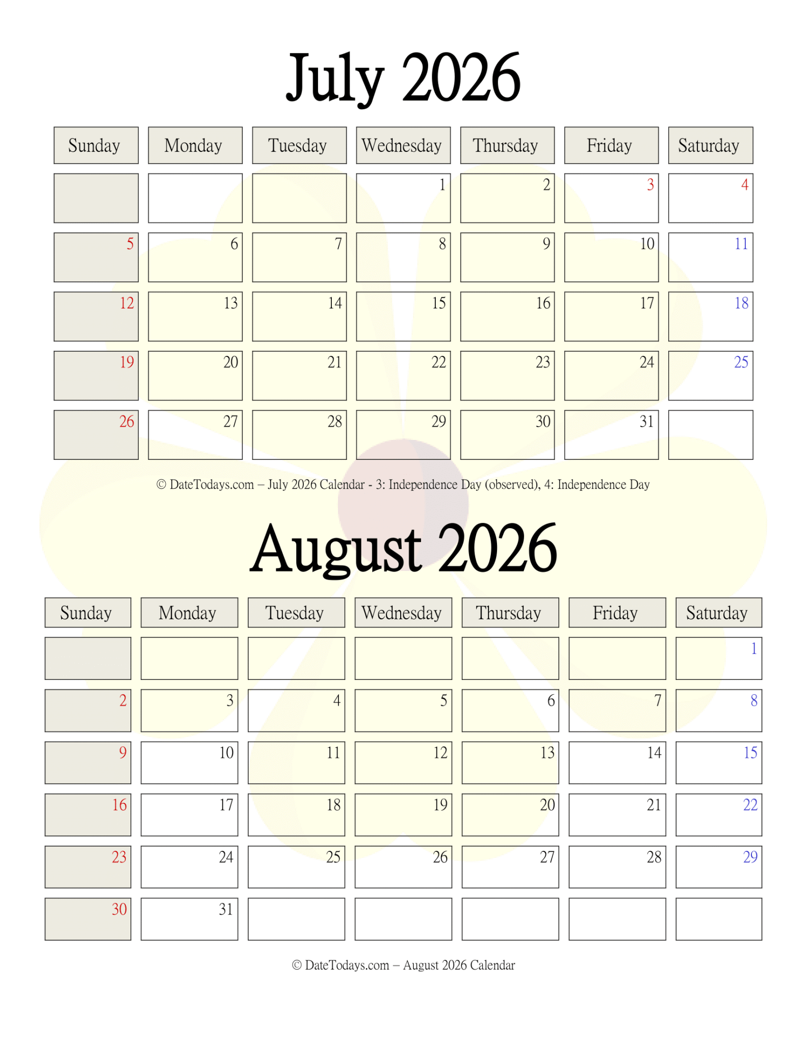 July August 2026 Calendar – 2 Month at a Glance with US Holidays