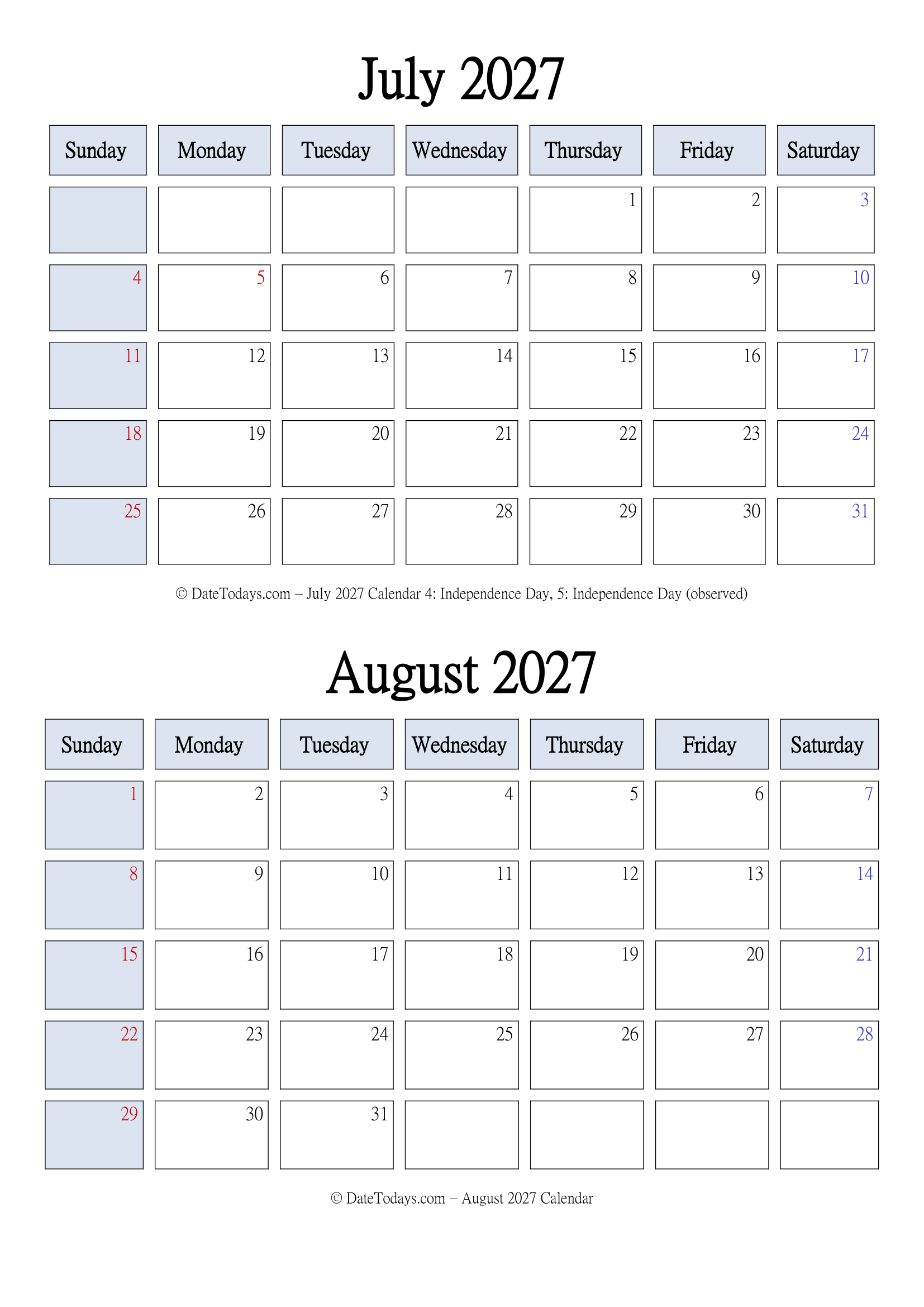 July August 2027 Calendar