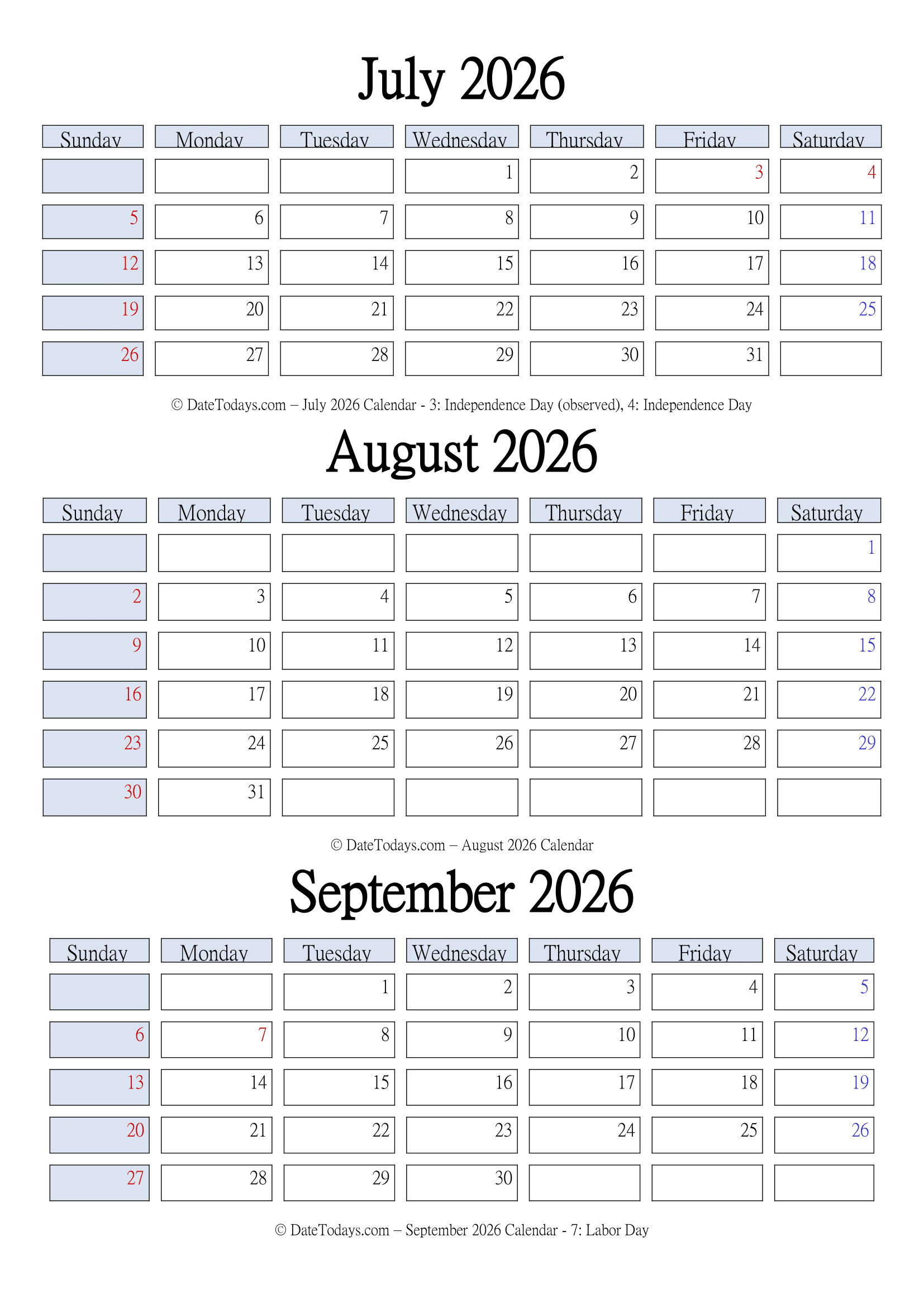 July August September 2026 Calendar Free