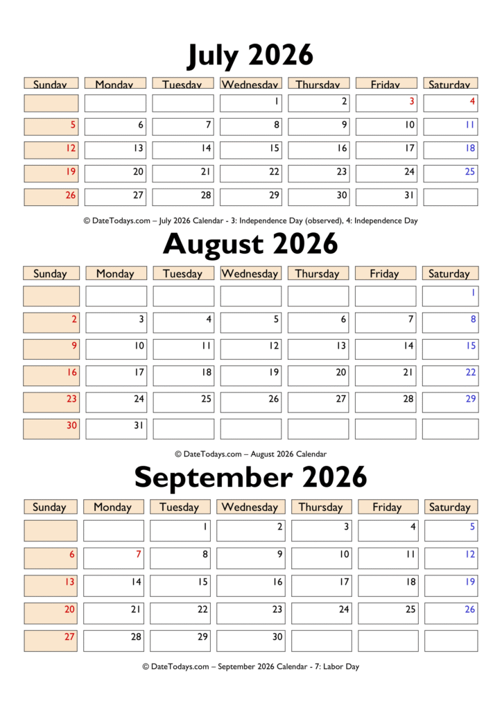 July August September 2026 Calendar Printable