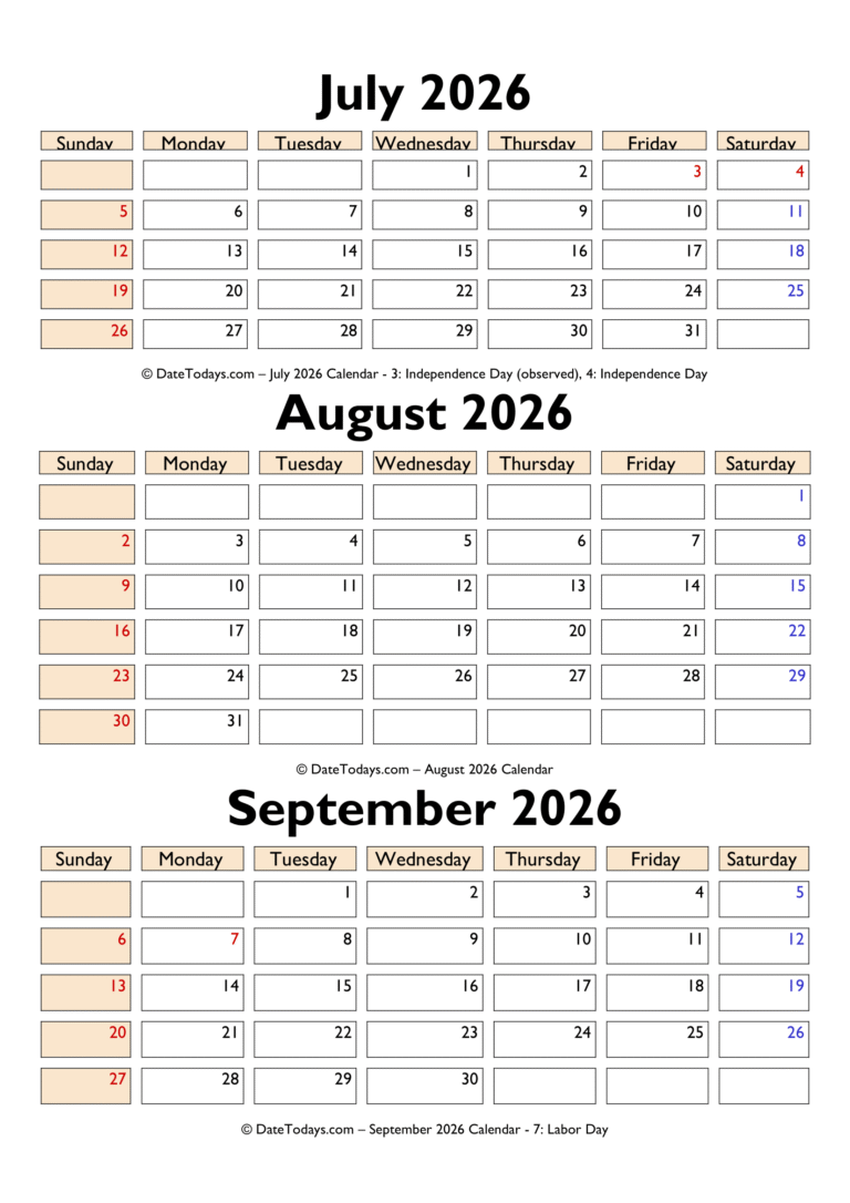 June July August 2026 Calendar Printable
