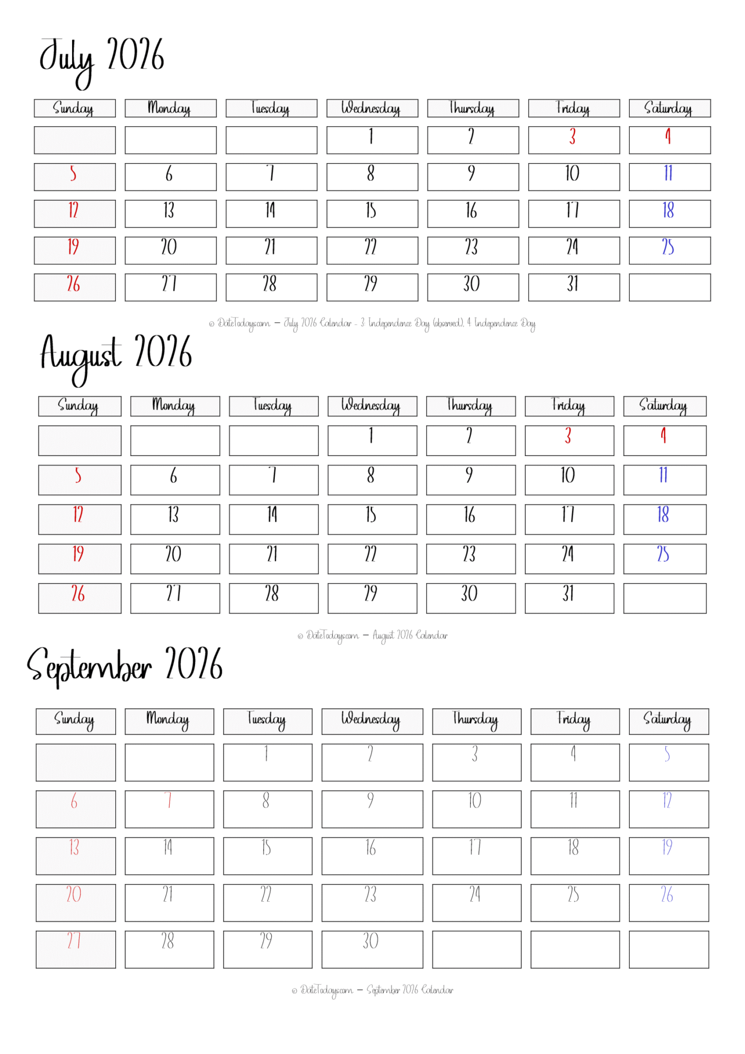July August September 2026 Calendar Printable