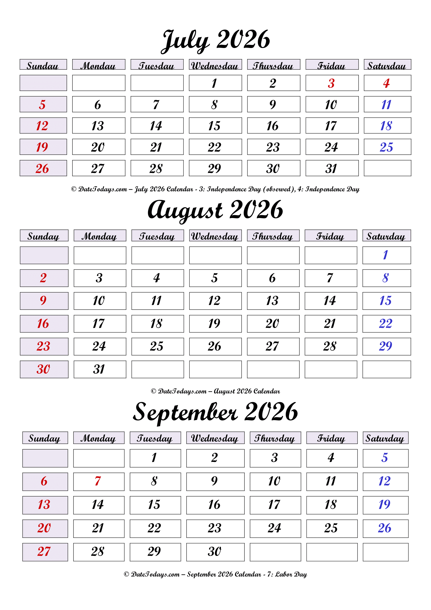 July August September 2026 Calendar Printable PDF