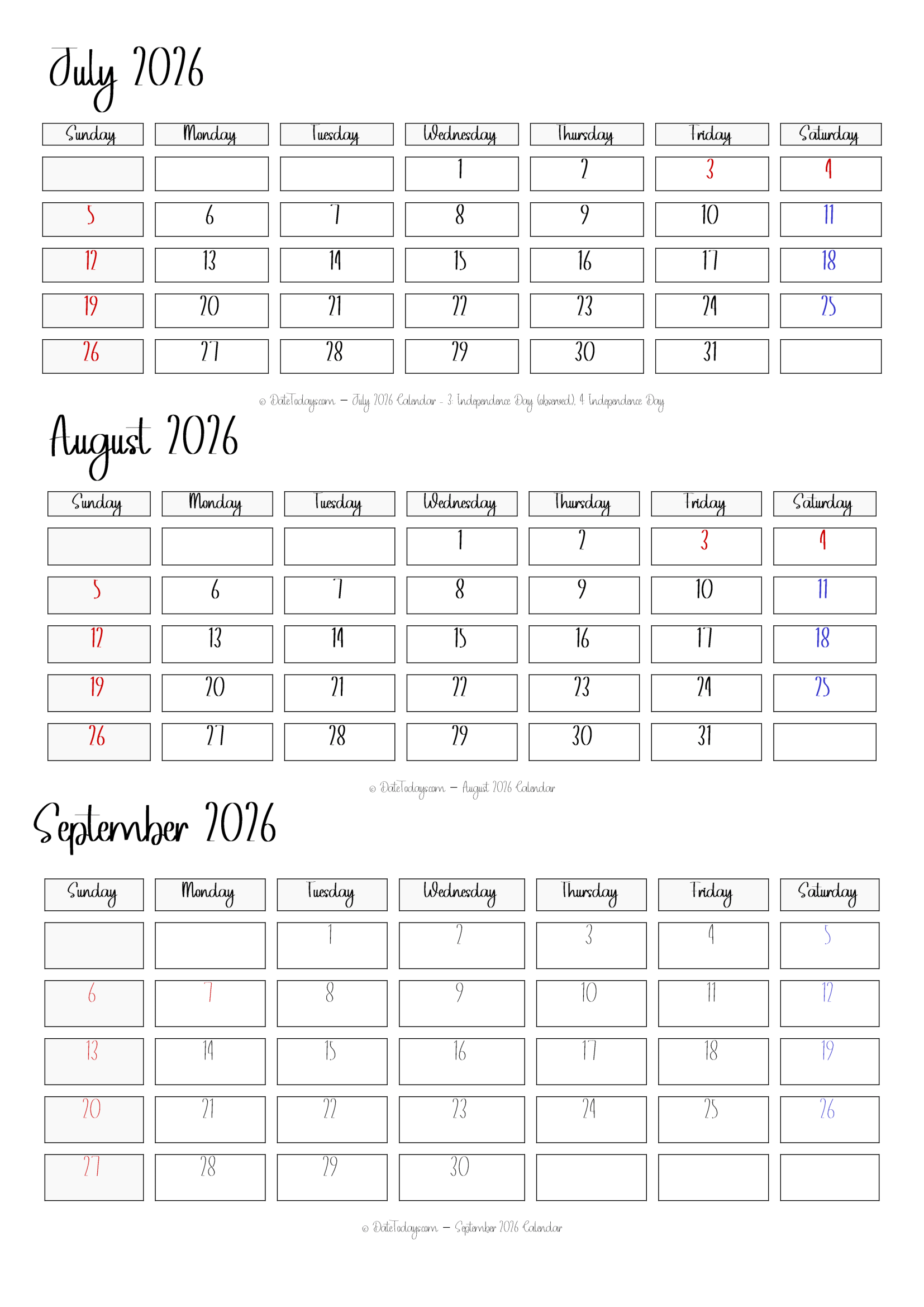 July August September 2026 Calendar Printable