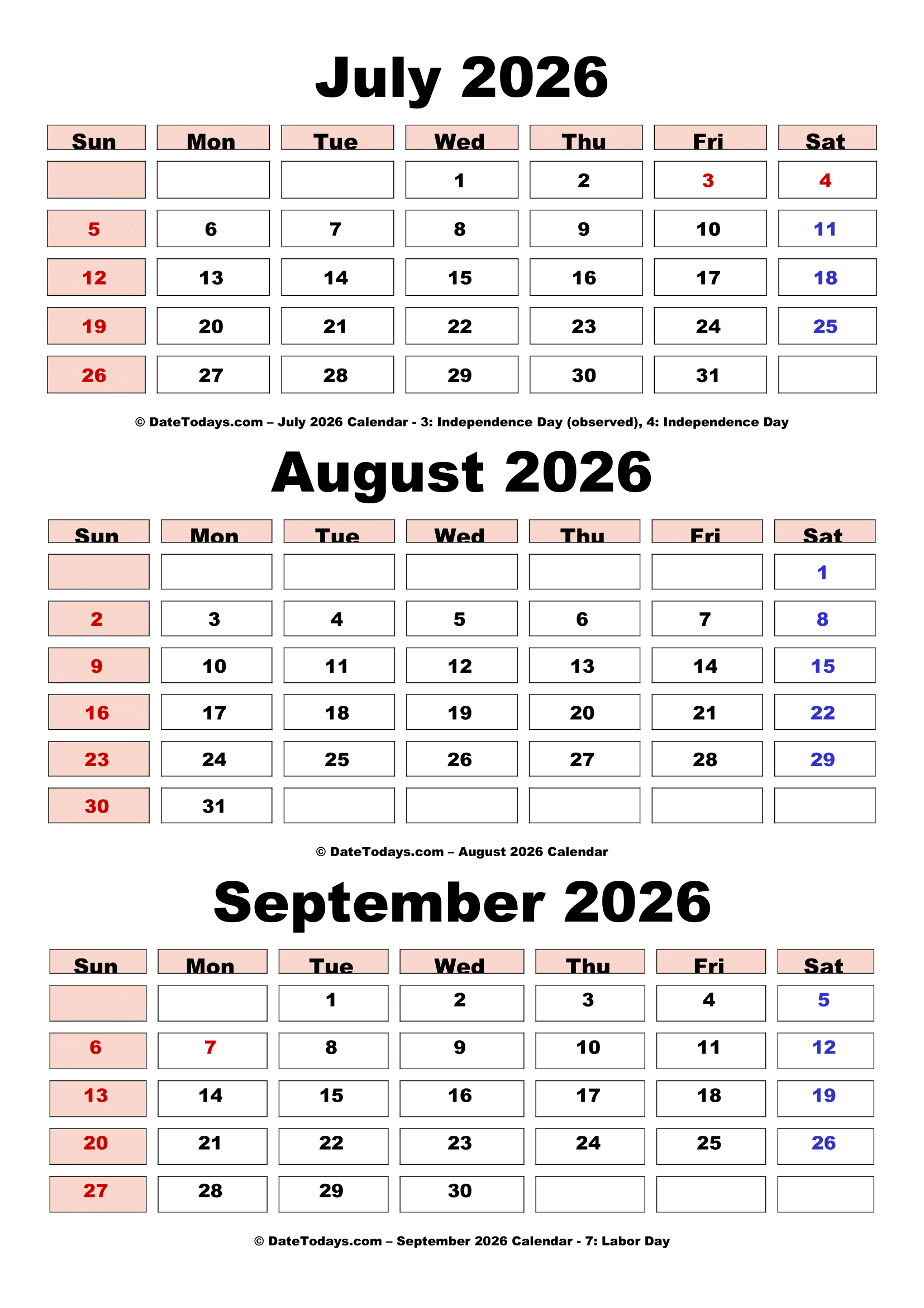July August September 2026 Calendar with Holidays