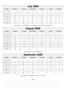 July August September 2026 Calendar Printable