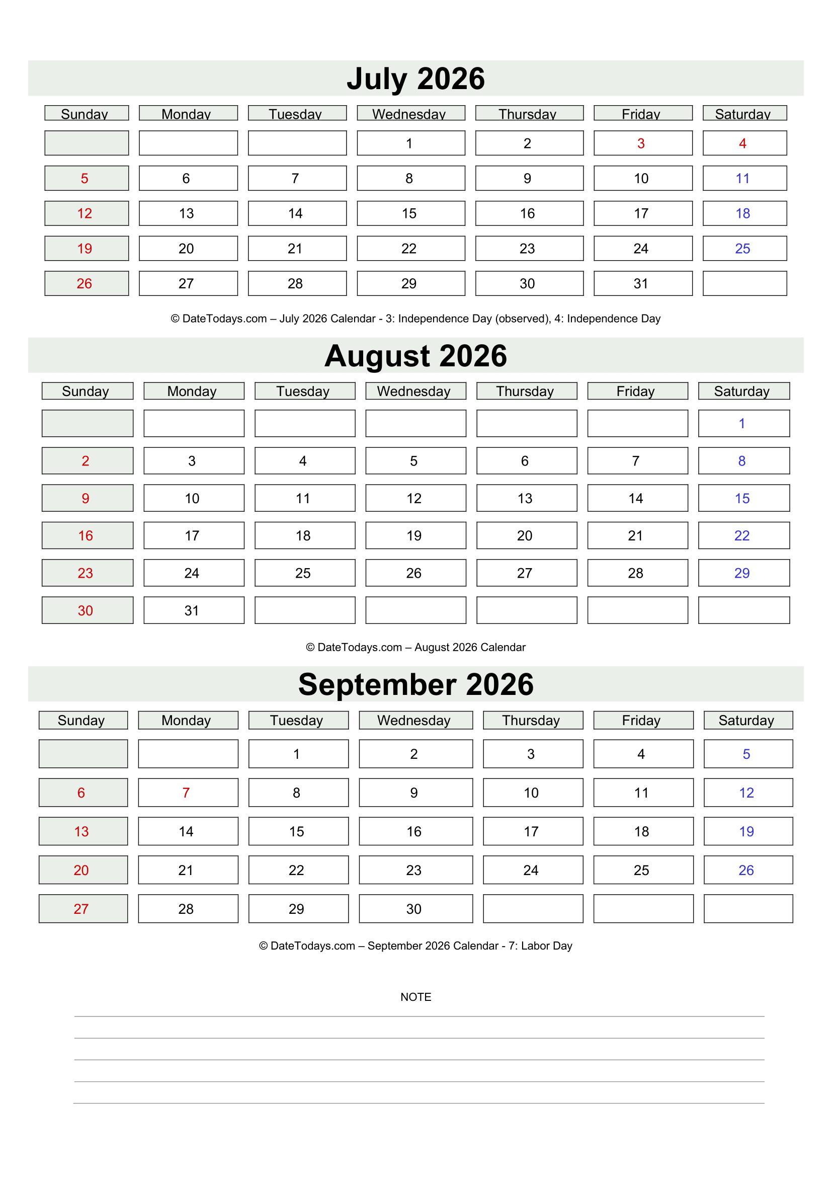 July August September 2026 Calendar with Notes