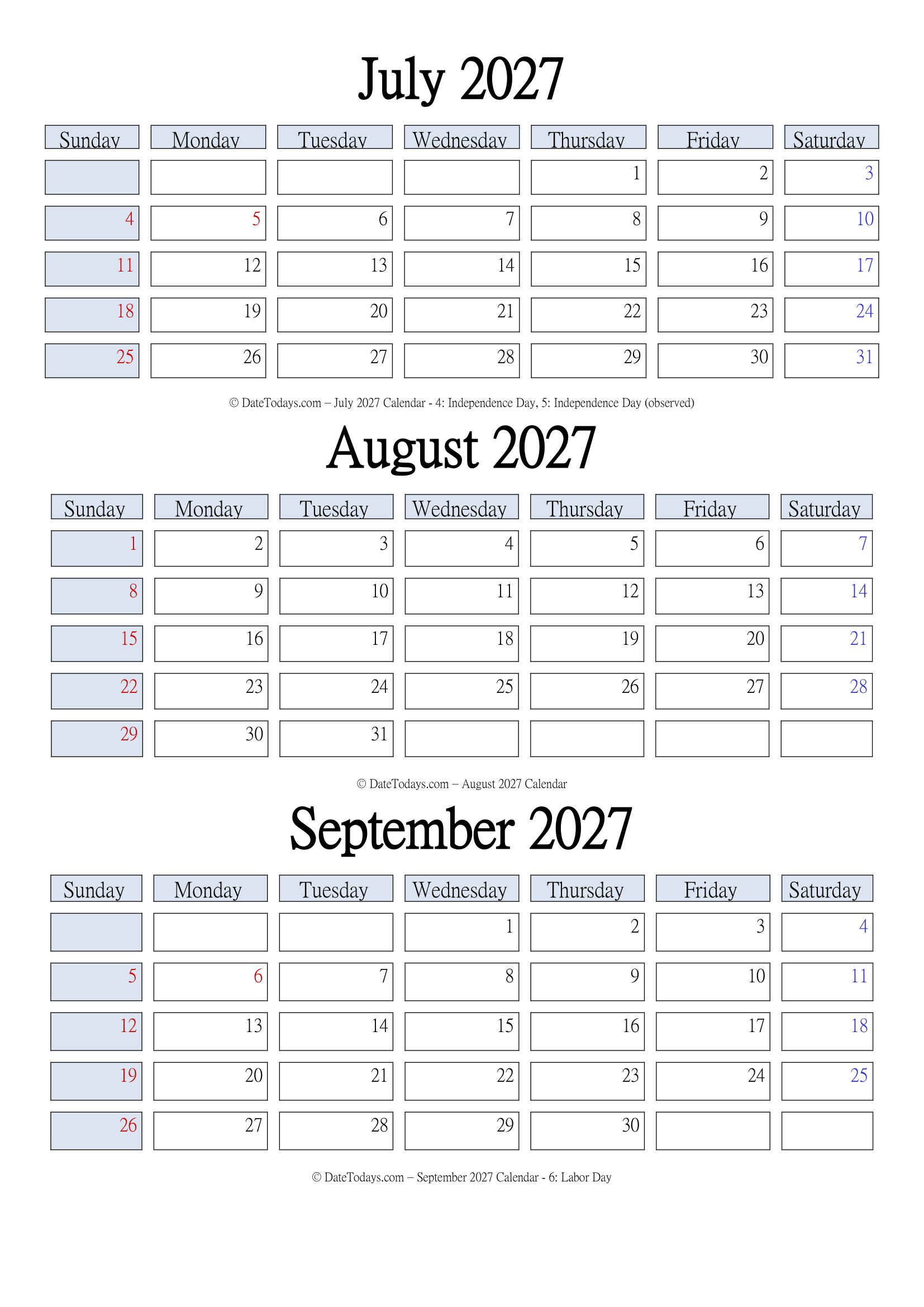 July to September 2027 Calendar