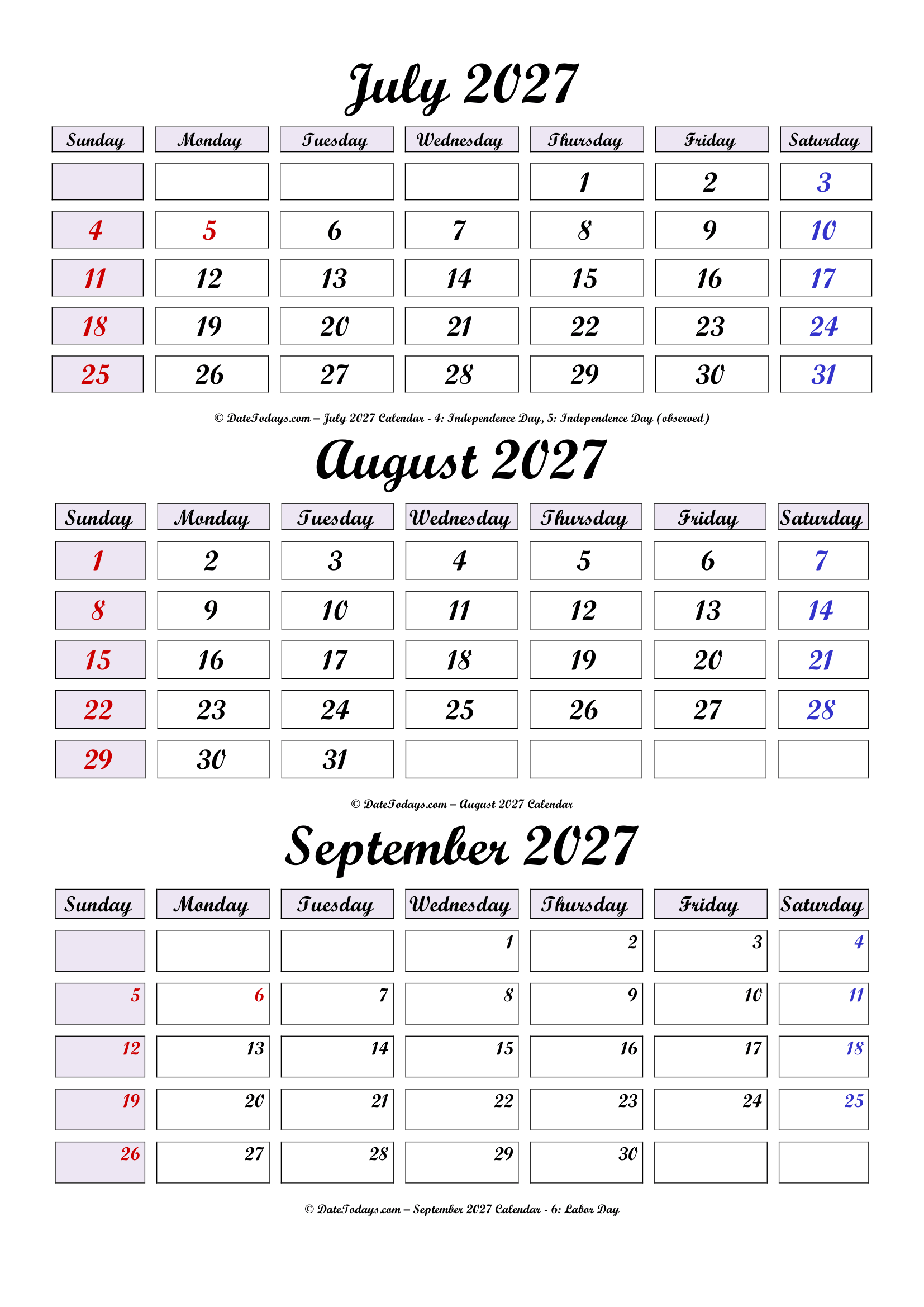 July August September 2027 Calendar Printable PDF