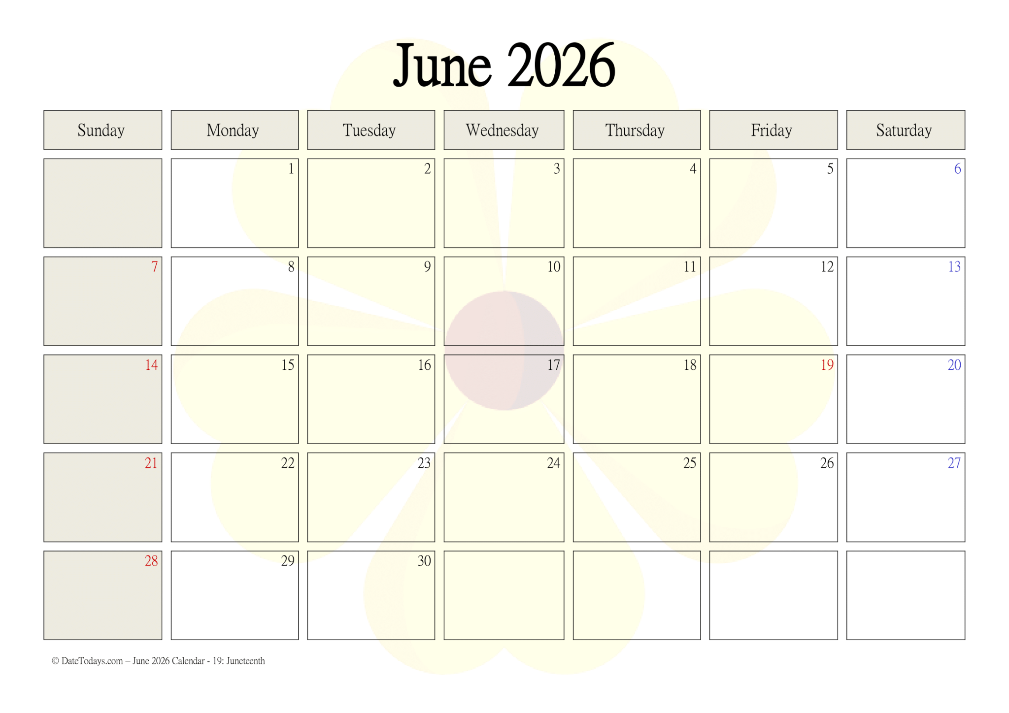 Free June 2026 Calendar with Holidays Printable PDF