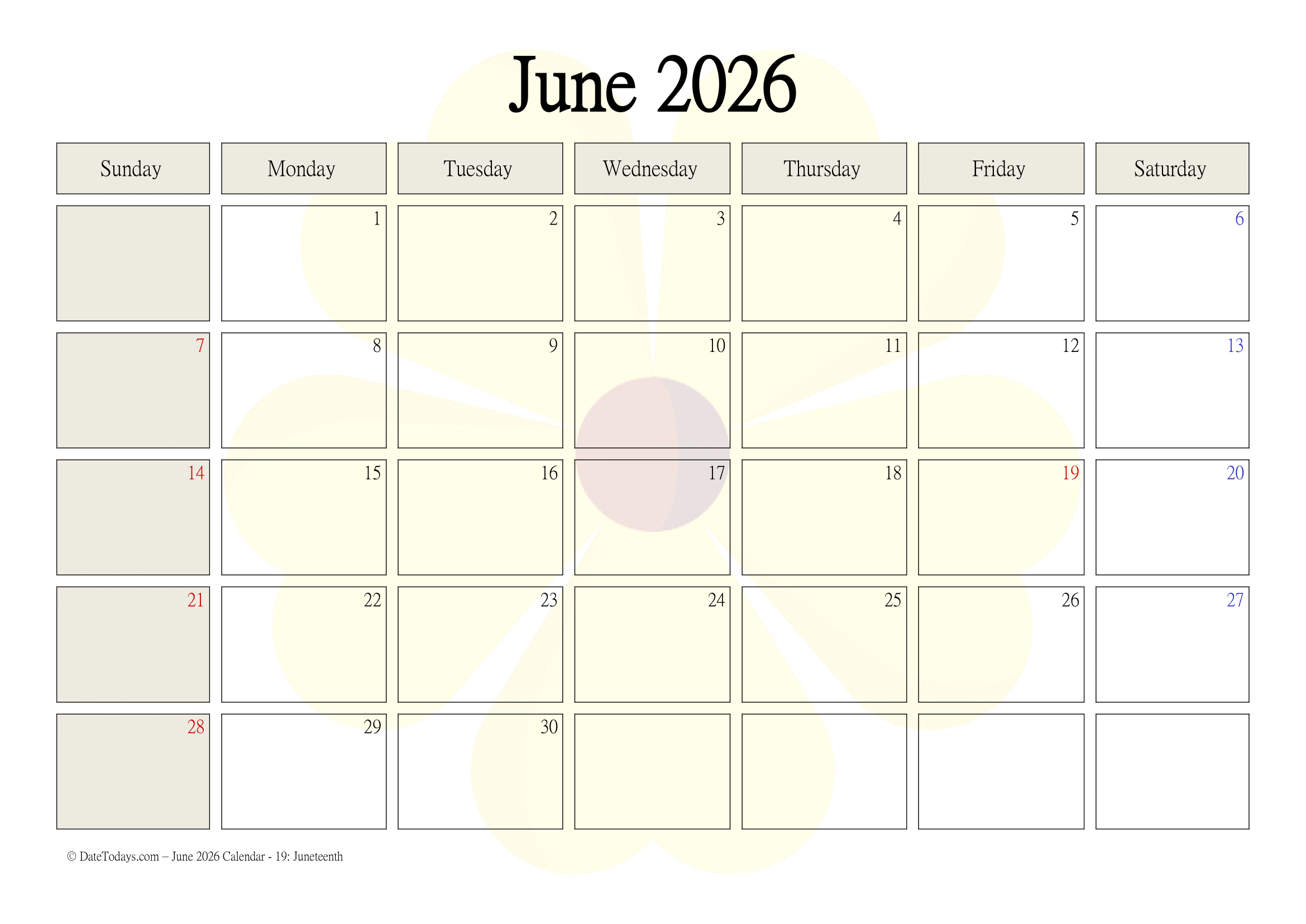 June Calendar 2026 Template Printable June Calendar 2026 Template Printable