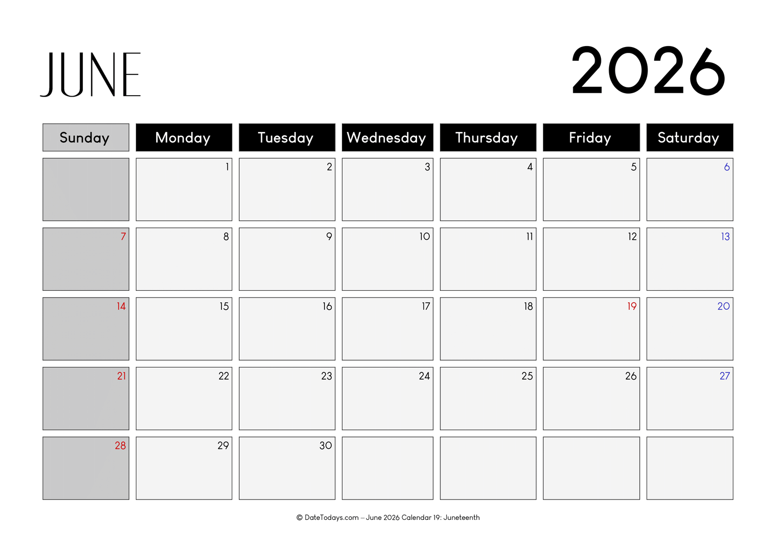 June 2026 Calendar Gray Color