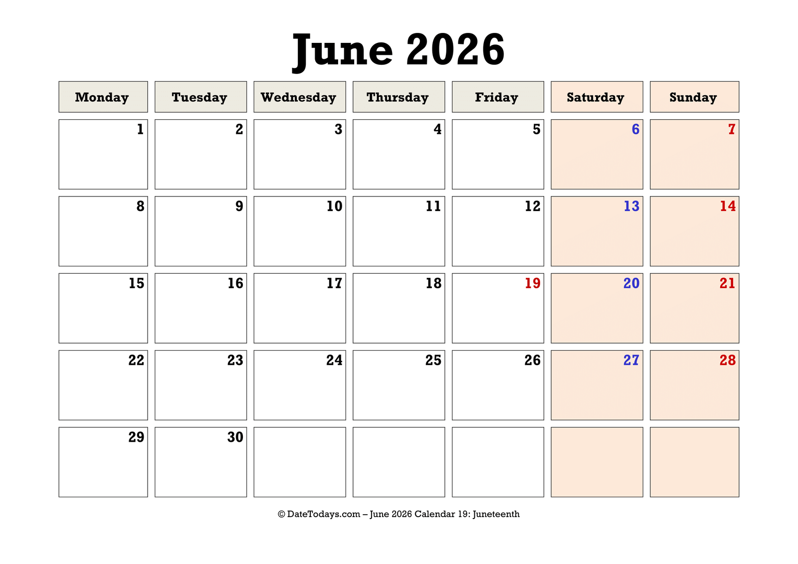 June 2026 Calendar Monday Start