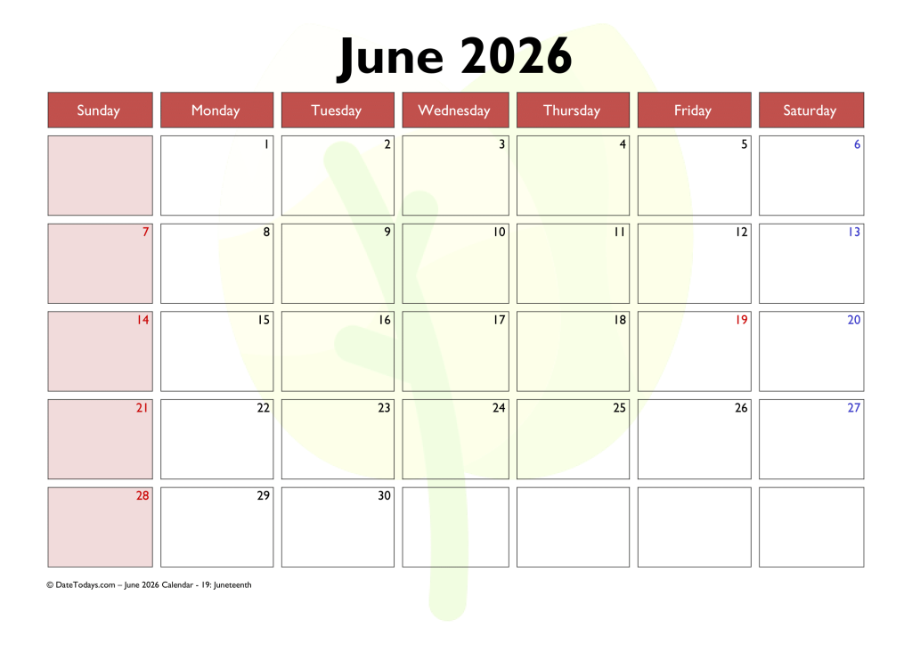 Free June 2026 Calendar with Holidays Printable PDF
