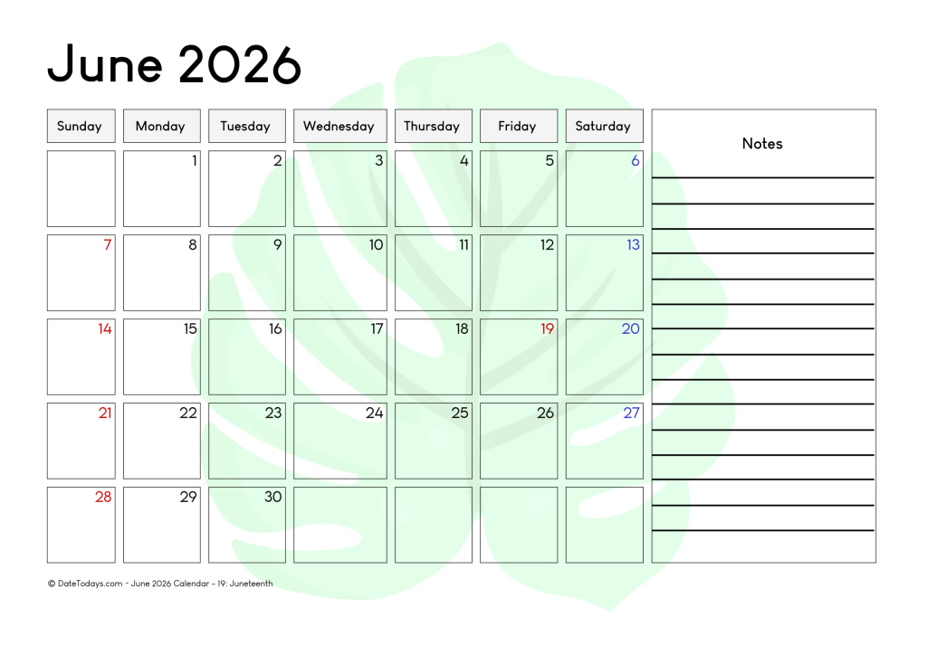 June 2026 Calendar with Notes