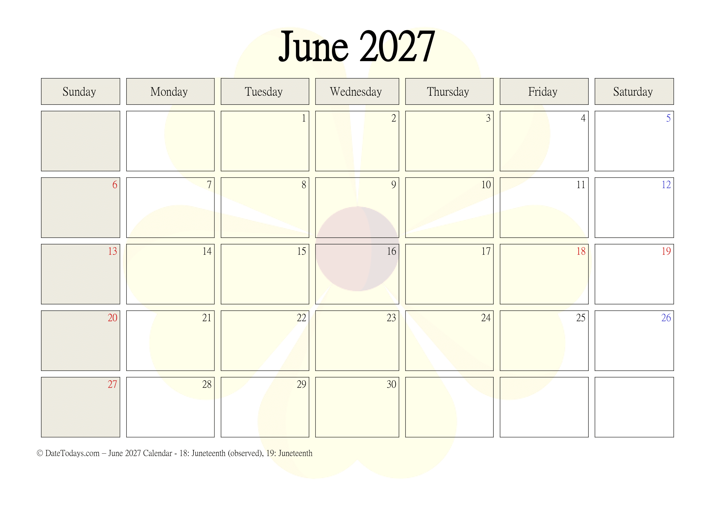 Printable June 2027 Calendar with Holidays