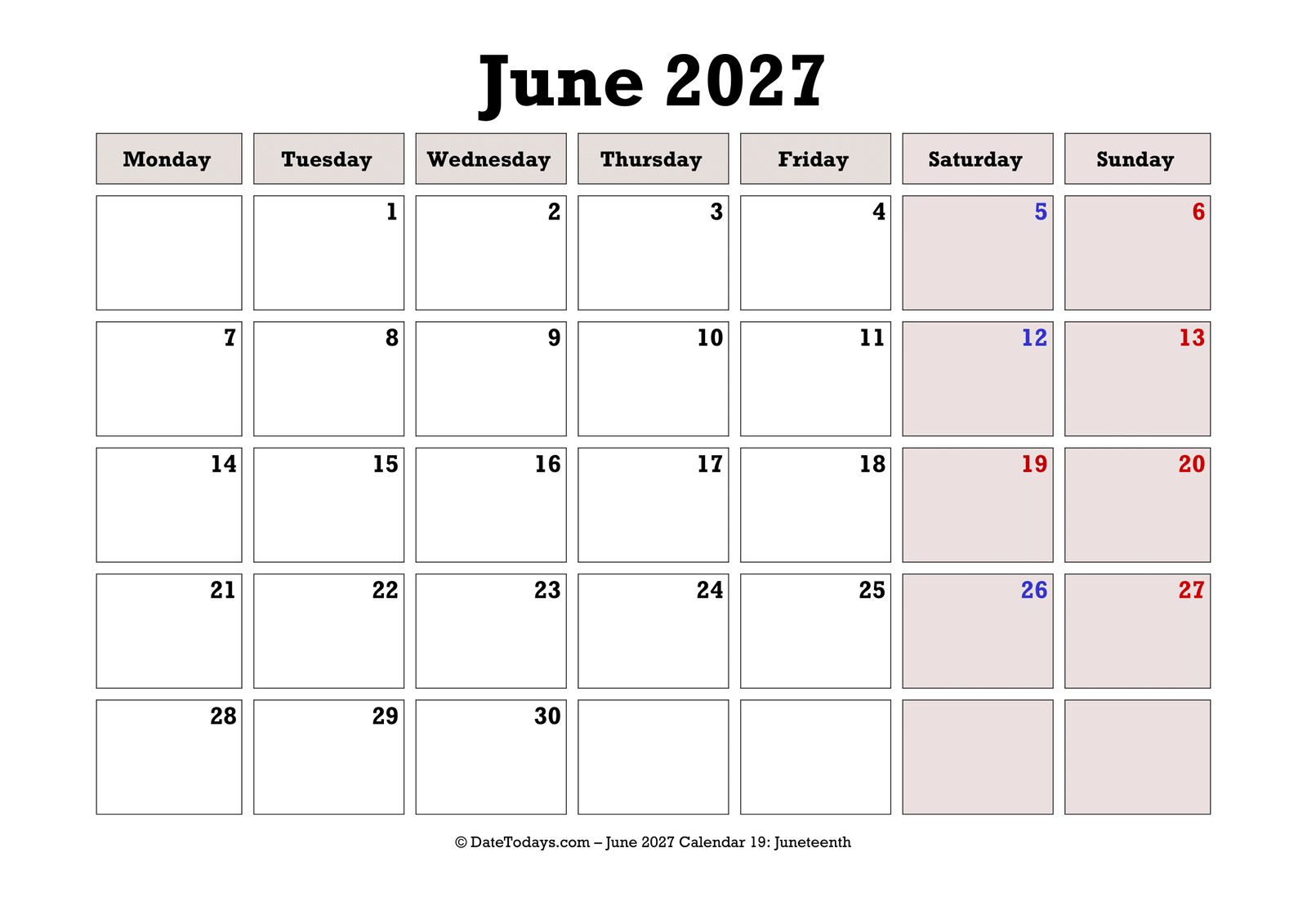 June 2027 Calendar Monday Start