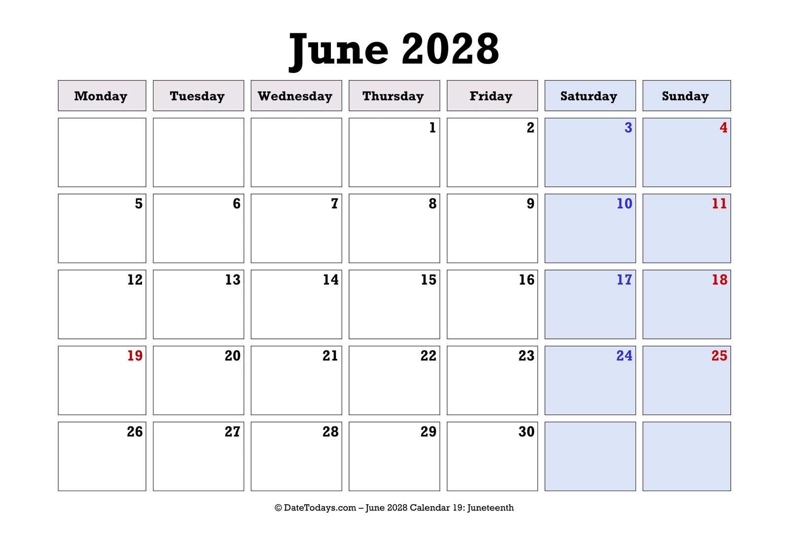 June 2028 Calendar Monday Start
