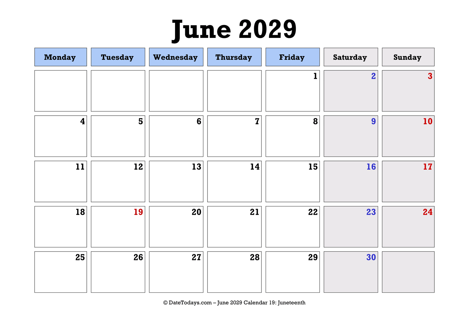 June 2029 Calendar Monday Start