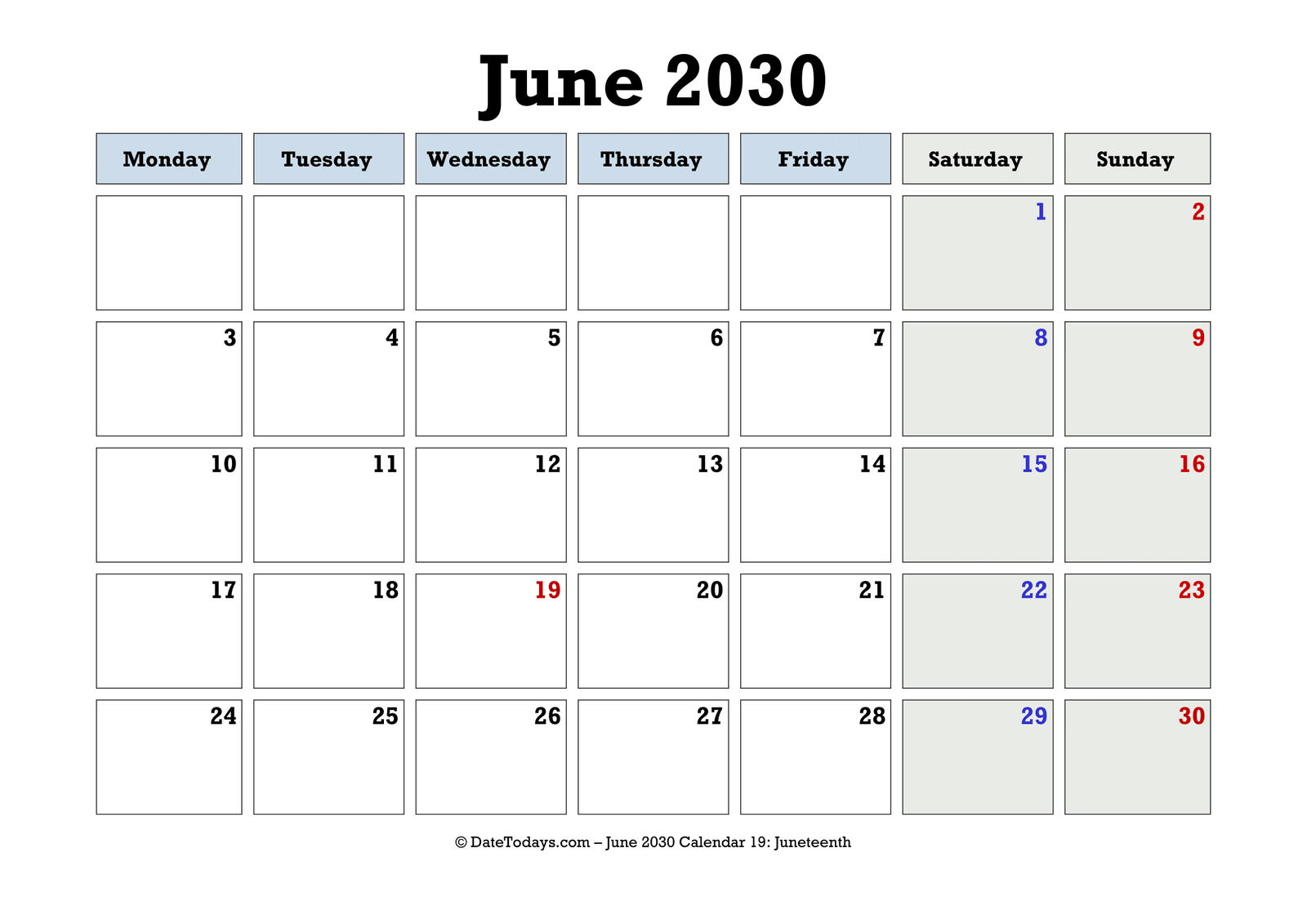 June 2030 Calendar Monday Start