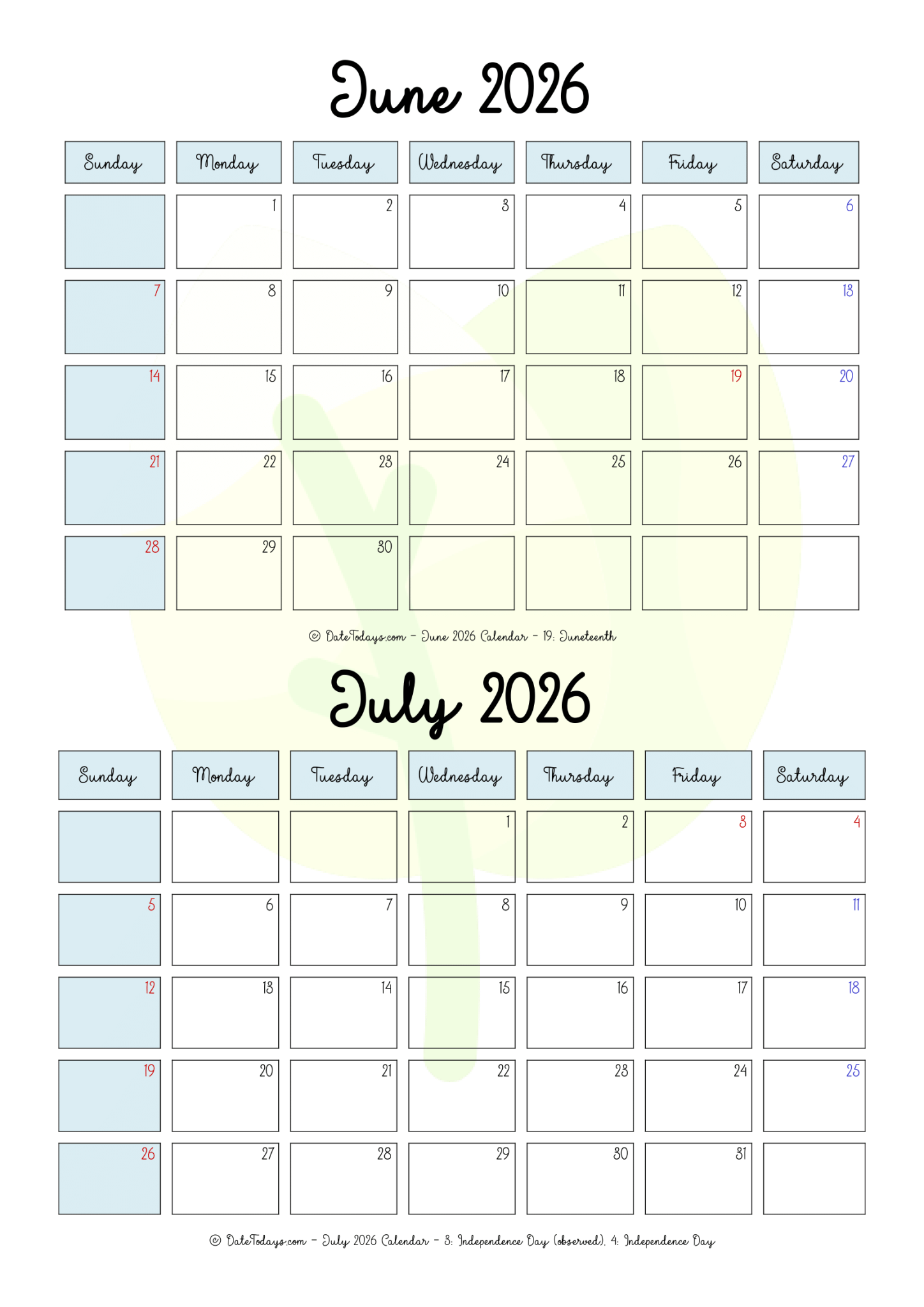 June July 2026 Calendar Printable PDF