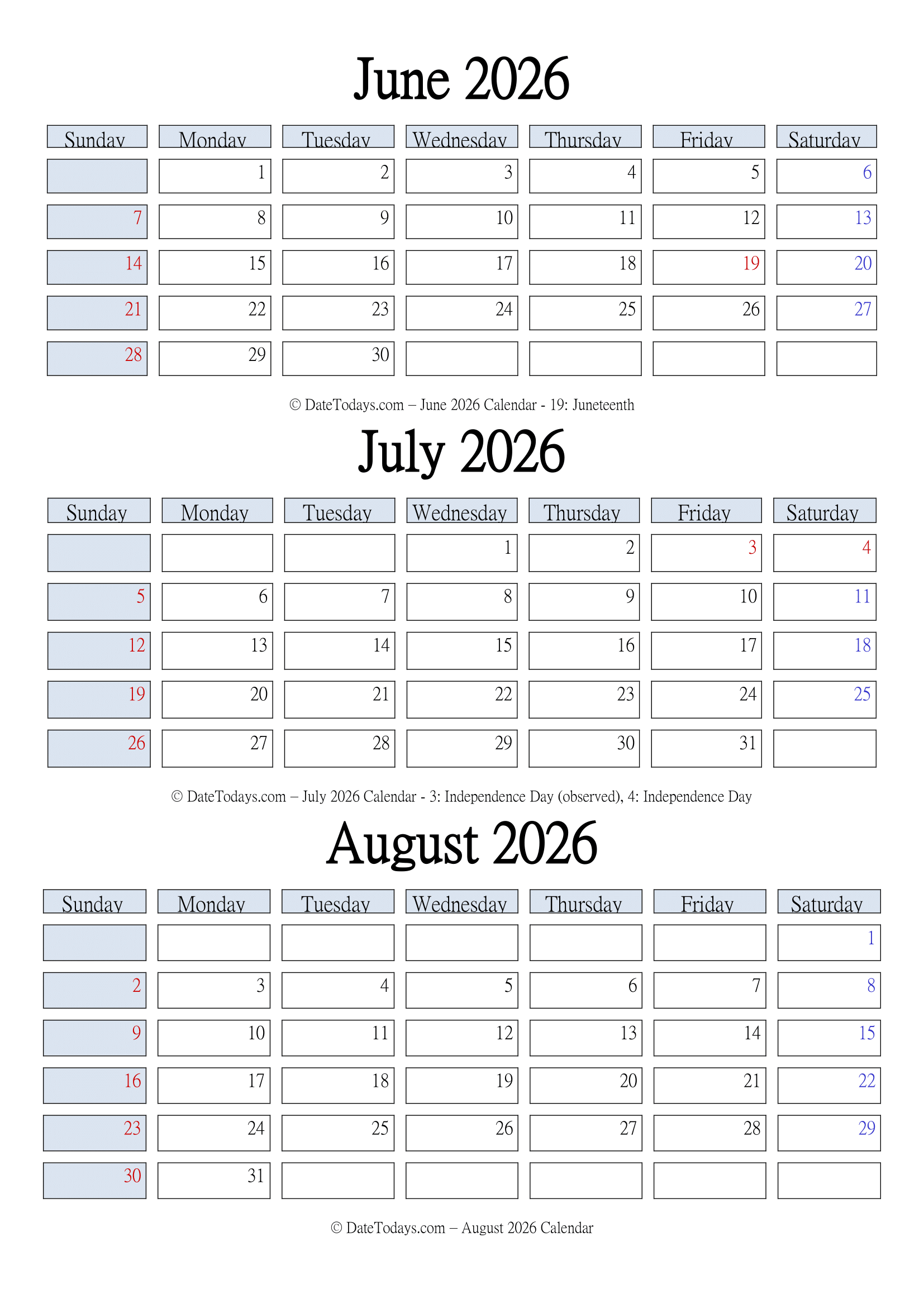 June July August 2026 Calendar Free
