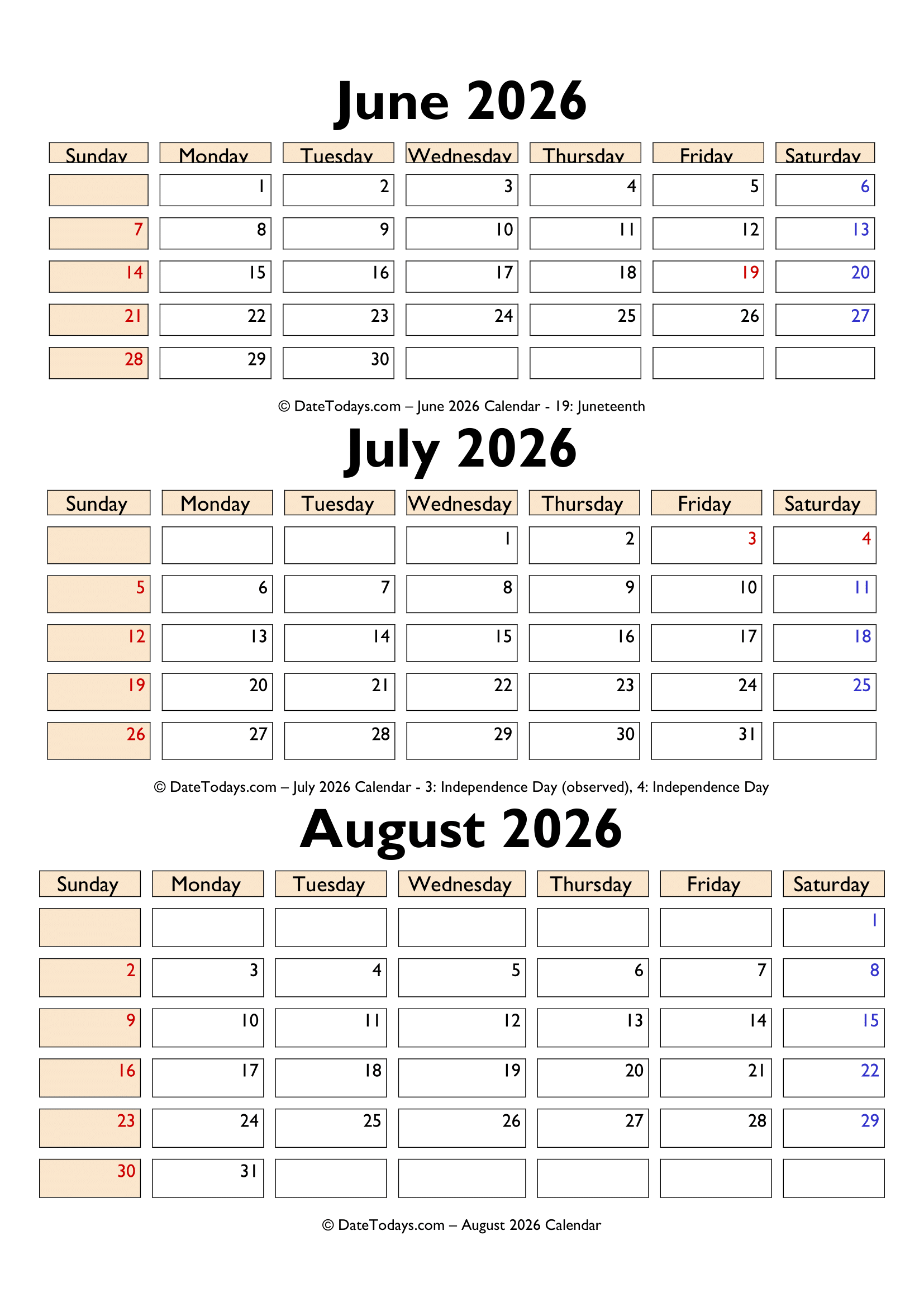 June July August 2026 Calendar PDF