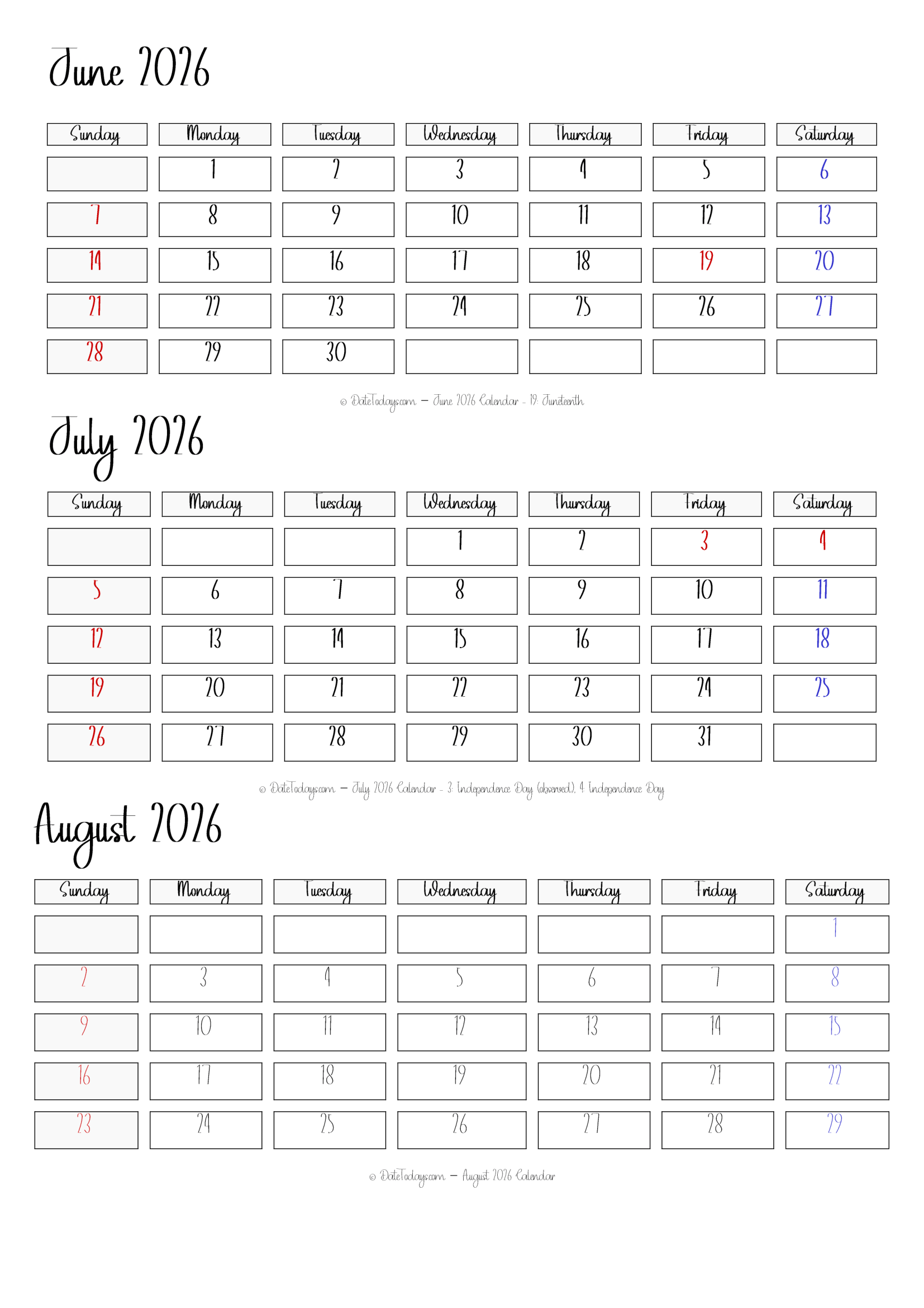 June July August 2026 Calendar Printable