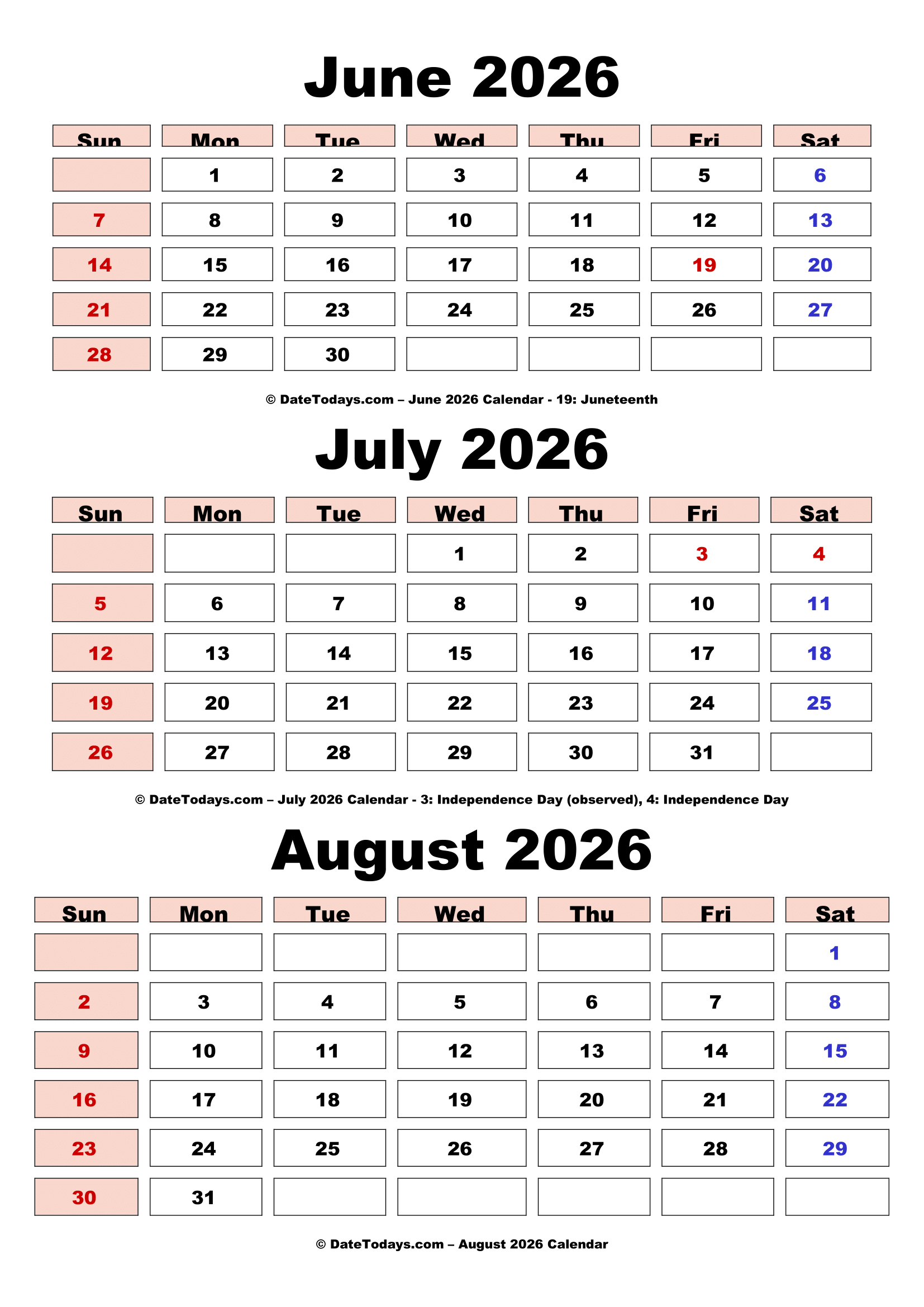 June July August 2026 Calendar with Holidays