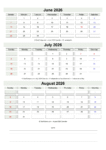 June July August 2026 Calendar with Notes