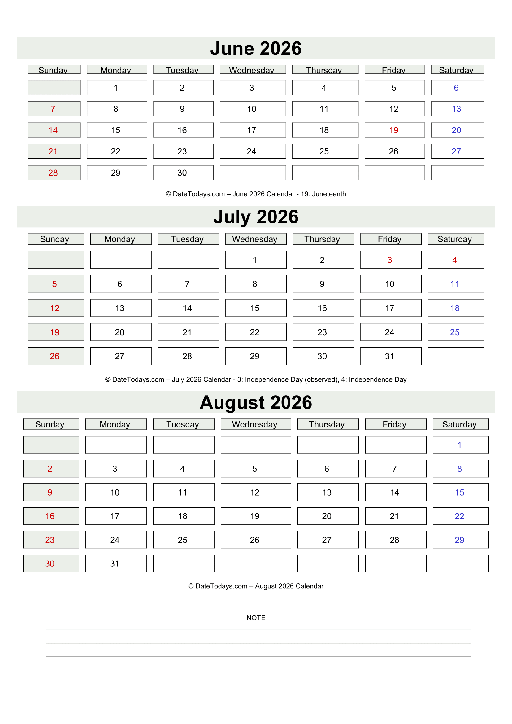 June July August 2026 Calendar with Notes