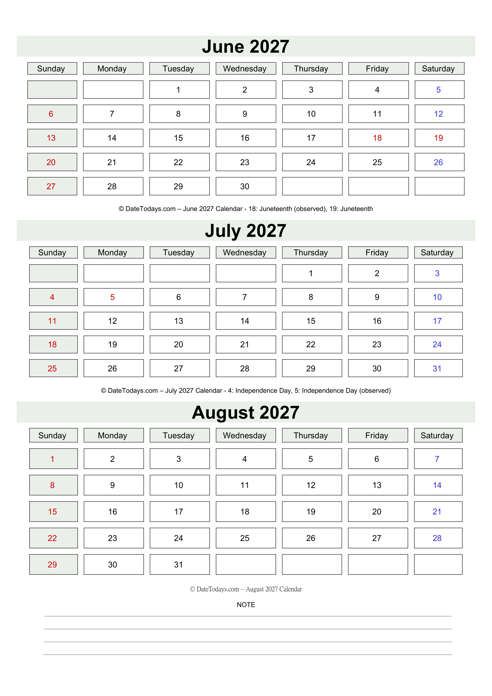 June to August 2027 Calendar