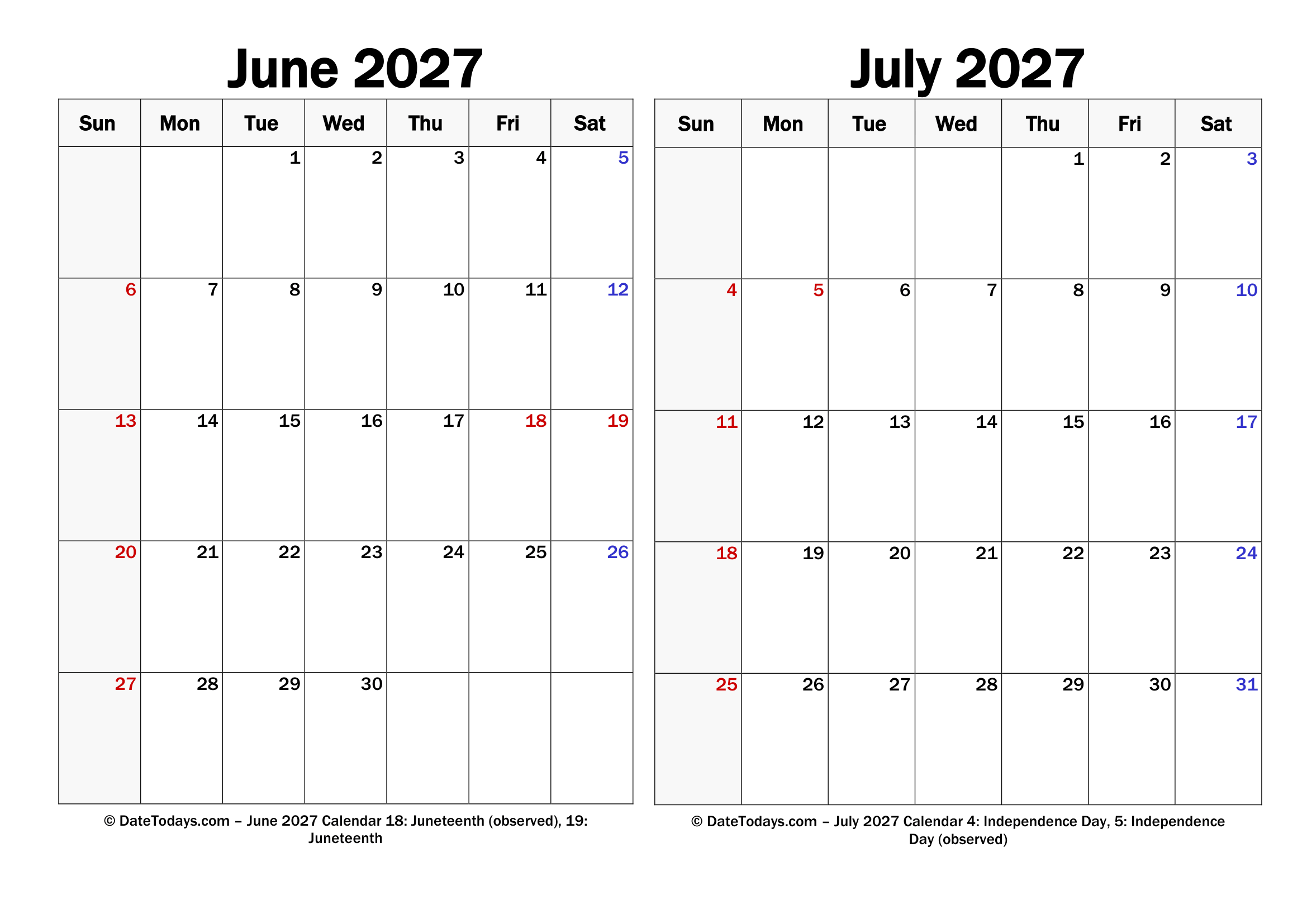 Landscape June July 2027 Calendars