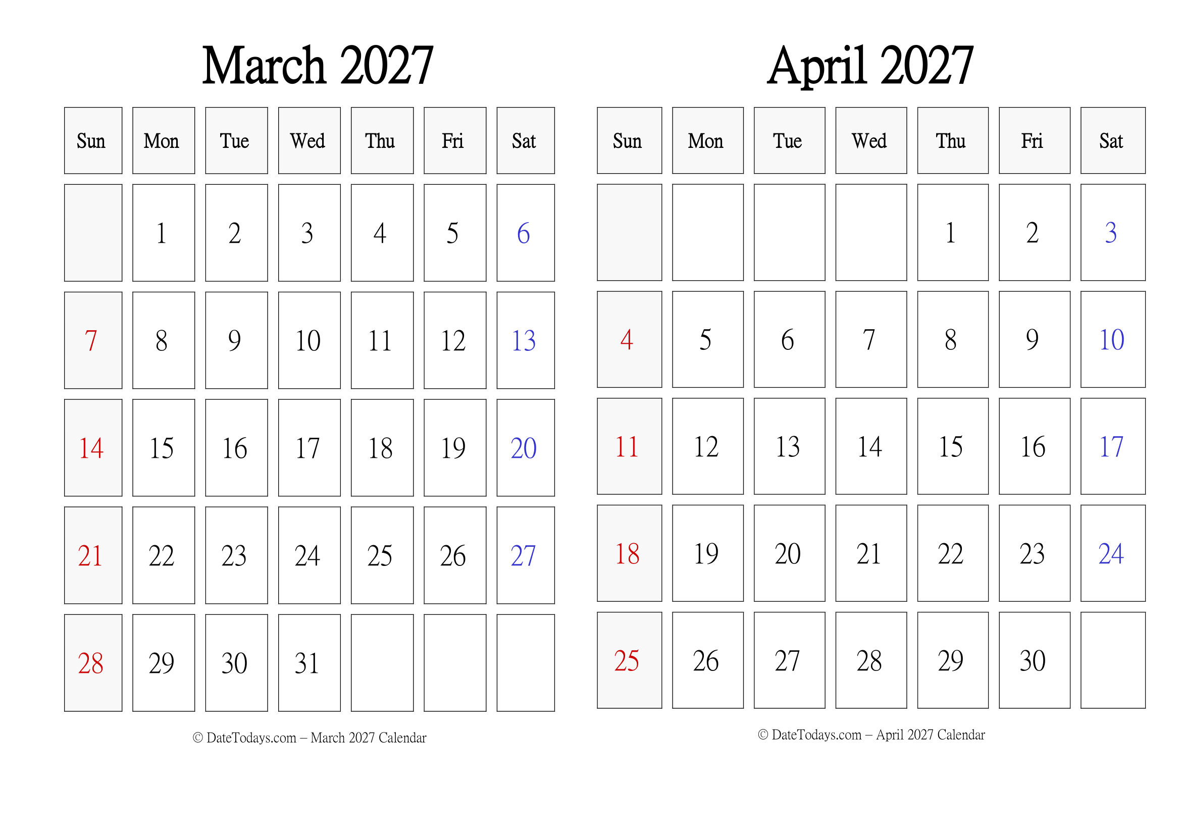 Landscape March April 2027 Calendar 2 Month