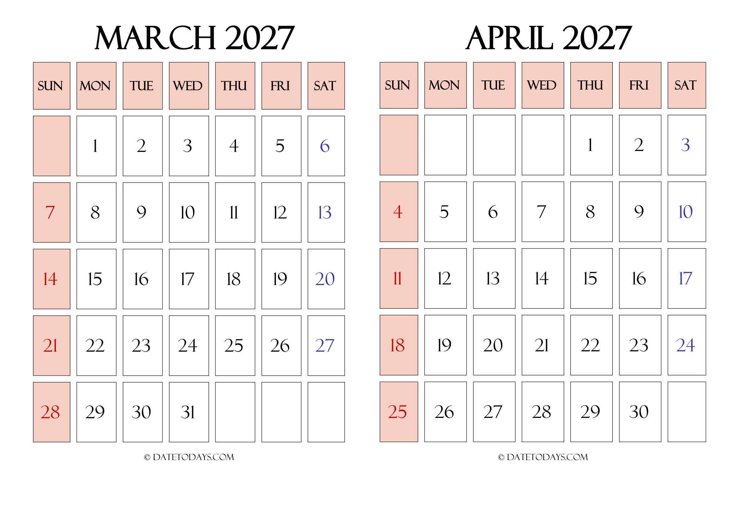 Landscape March April 2027 Calendar Printable