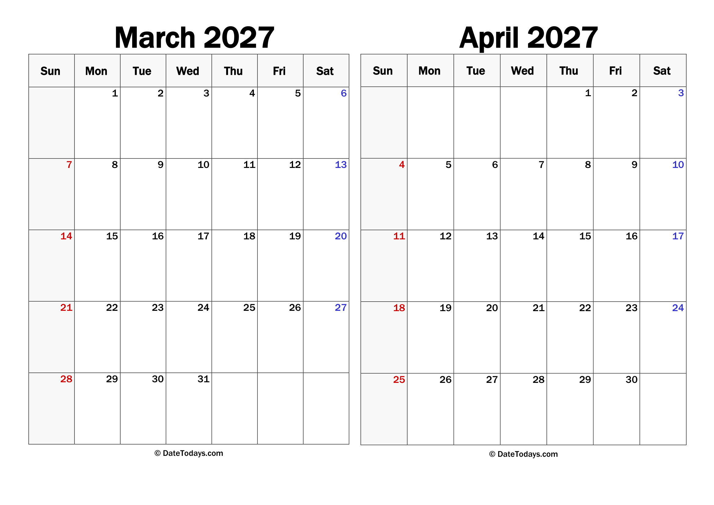 Landscape March April 2027 Calendars