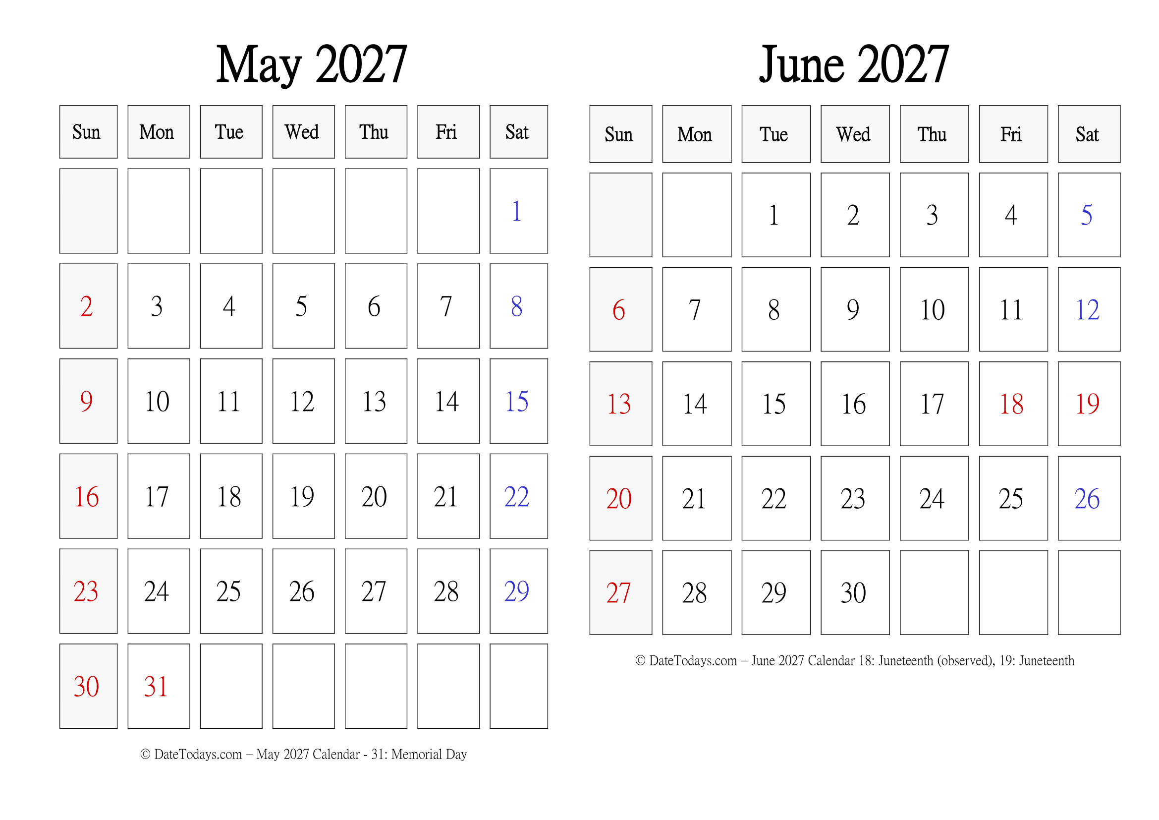 Landscape May June 2027 Calendar 2 Month