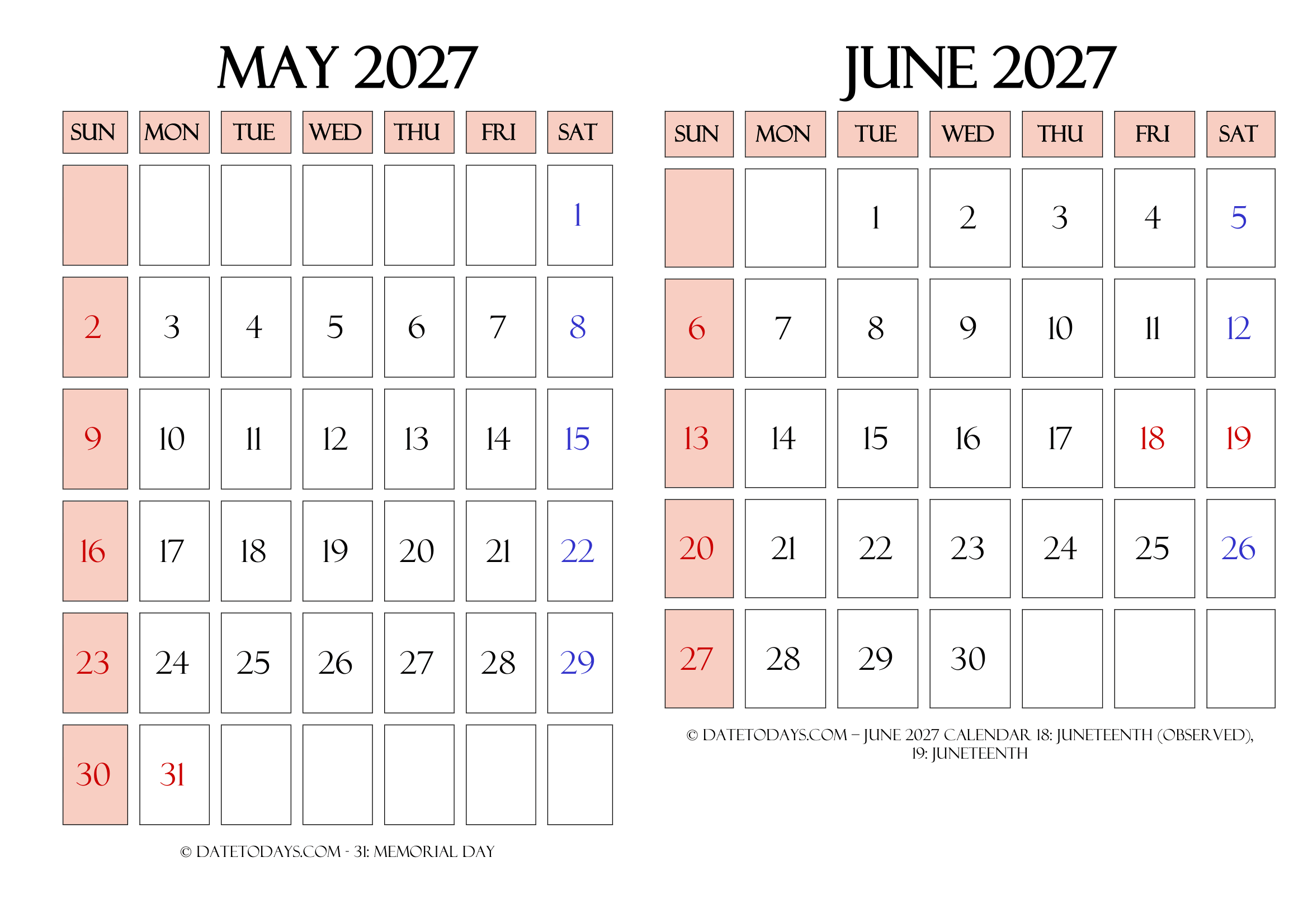 Landscape May June 2027 Calendar Printable