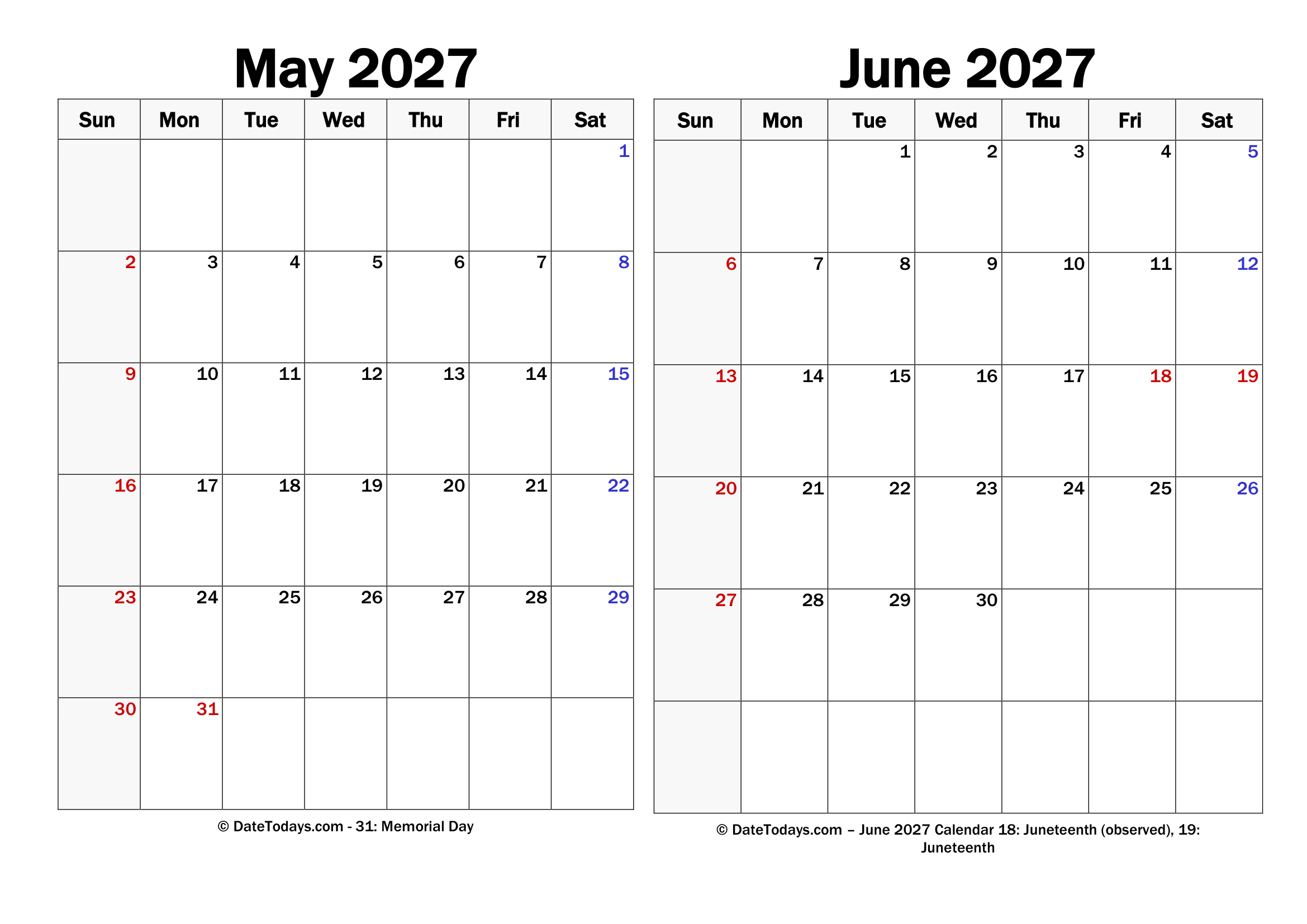 Landscape May June 2027 Calendars