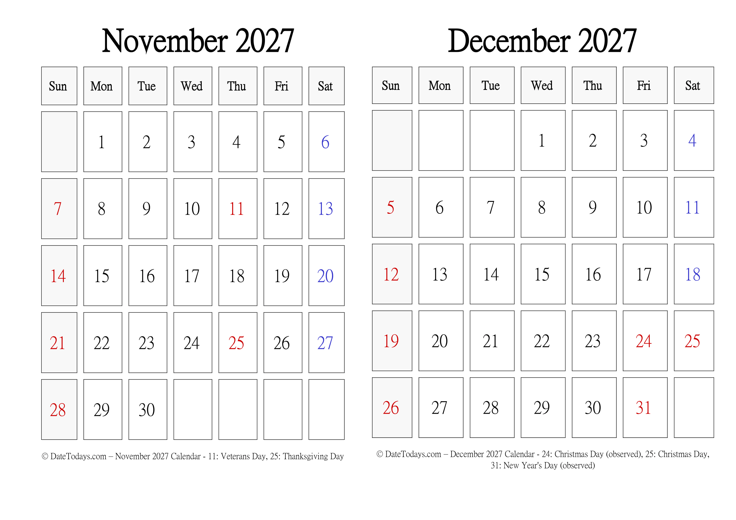 Landscape November December 2027 Calendar 2 Month