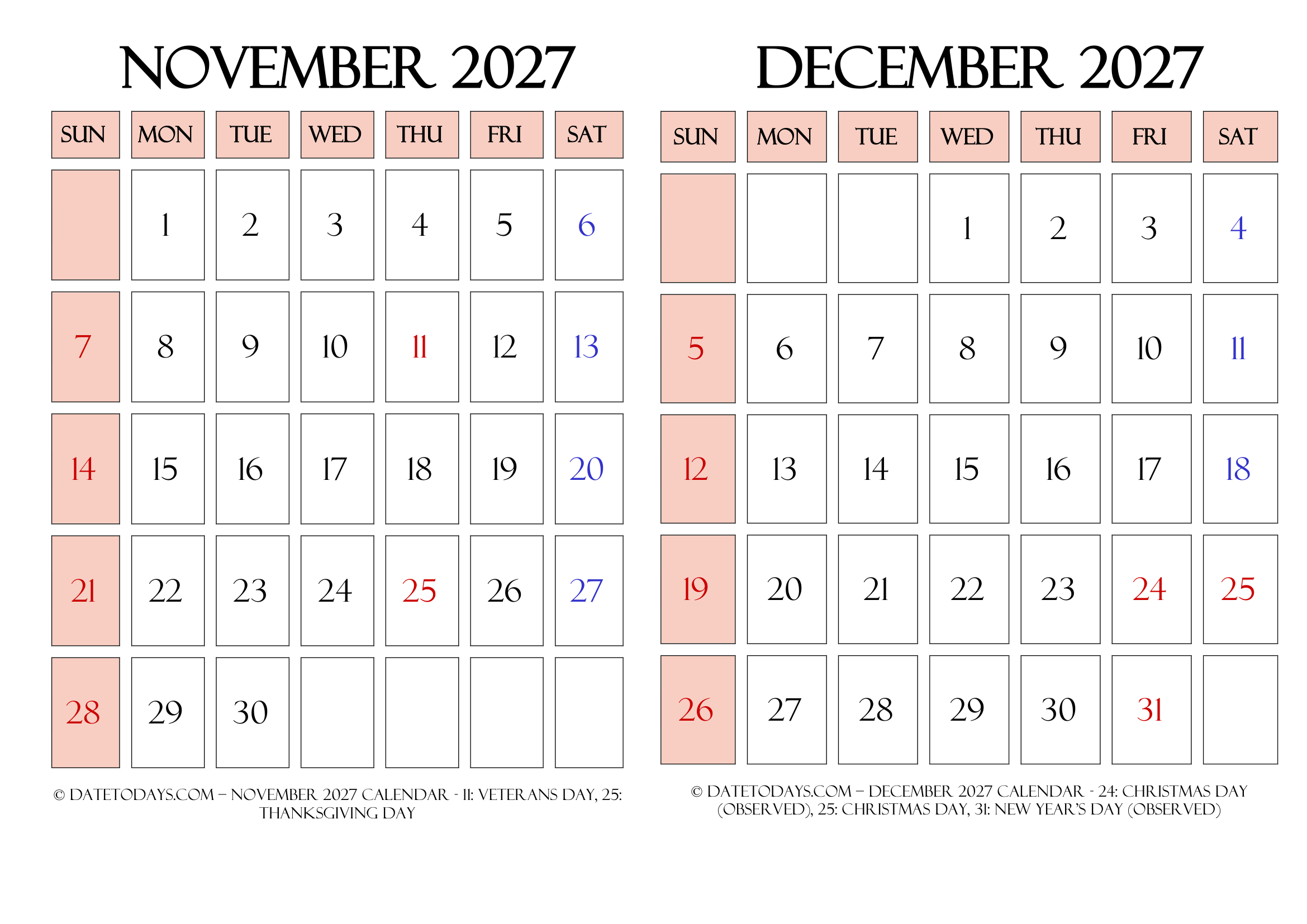 Landscape November December 2027 Calendar Printable