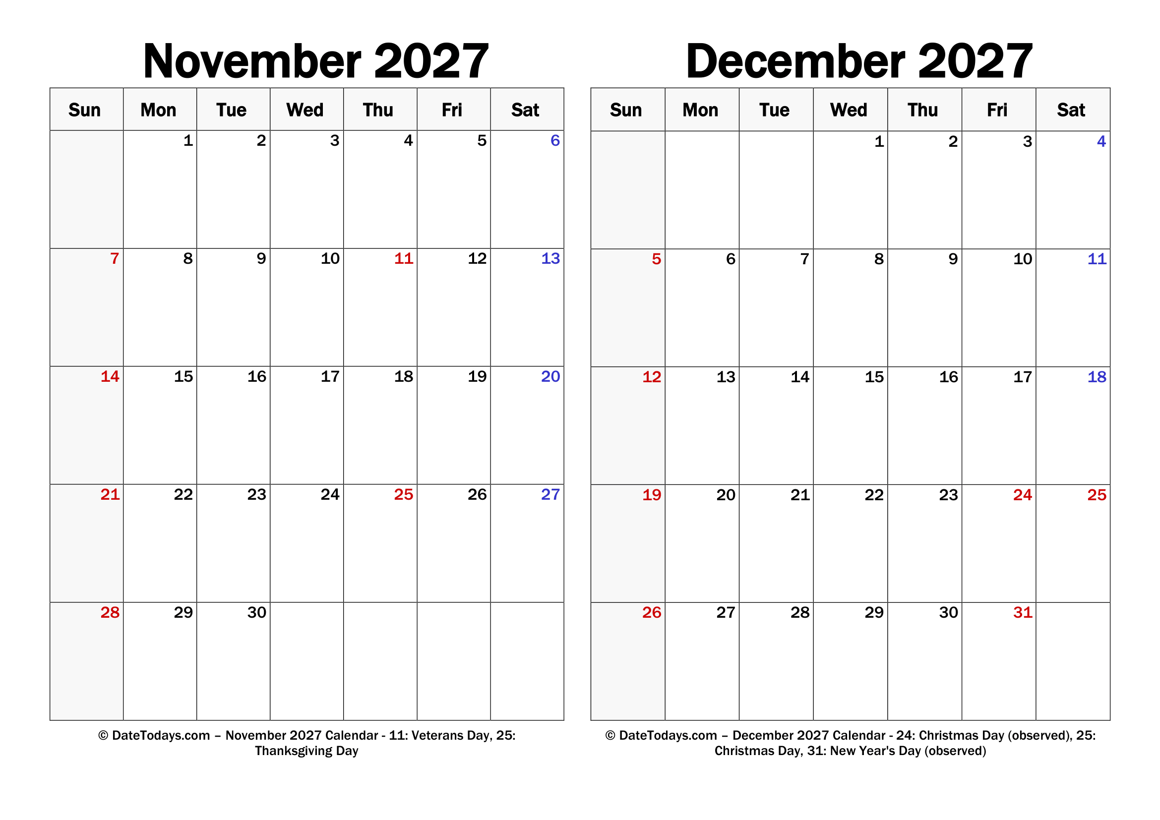 Landscape November December 2027 Calendars