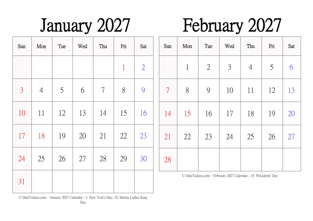 Landscape Print January February 2027 Calendar