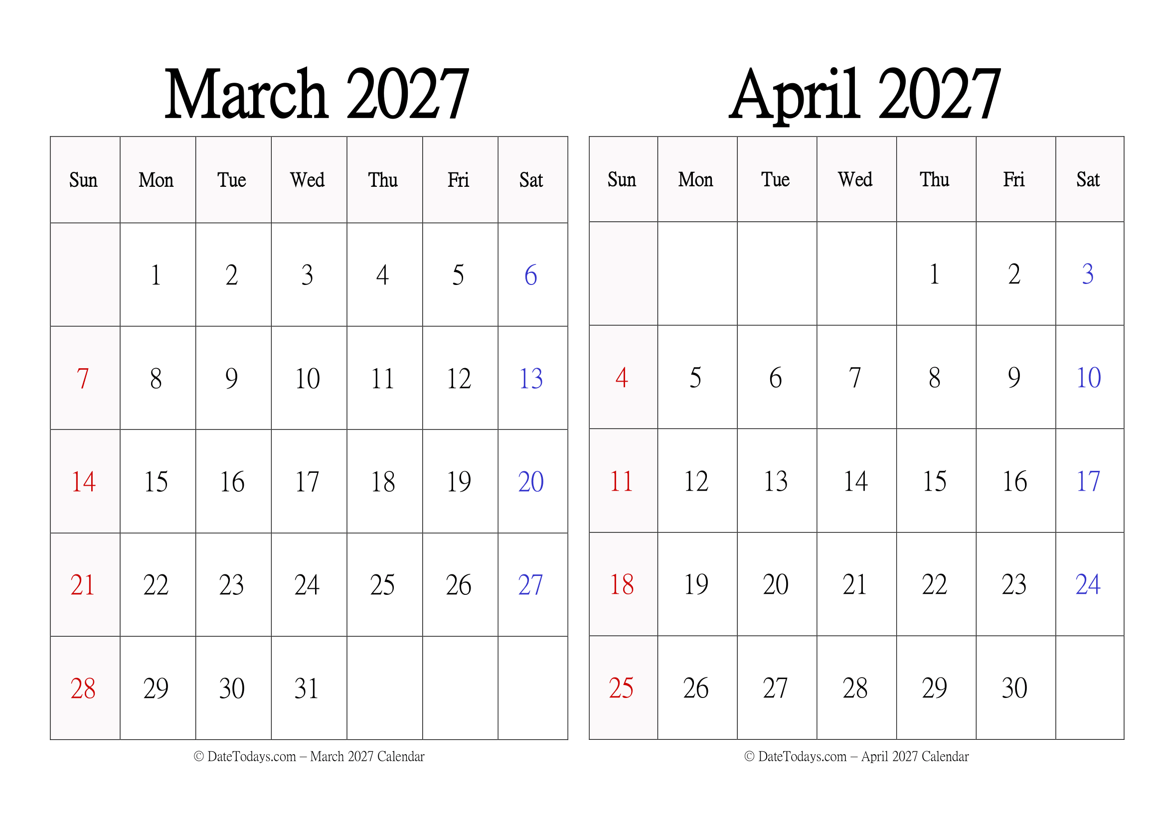 Landscape Print March April 2027 Calendar