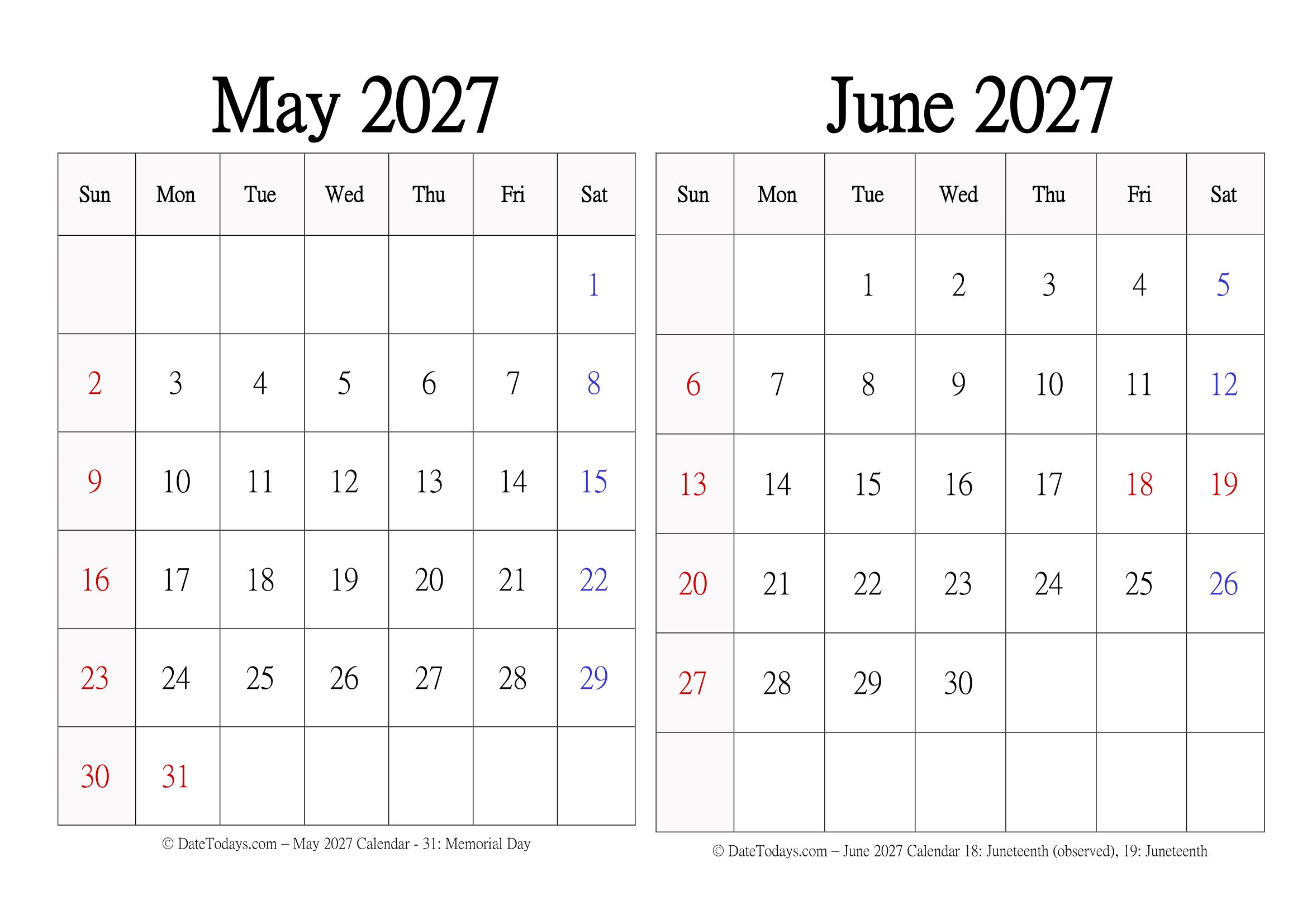 Landscape Print May June 2027 Calendar